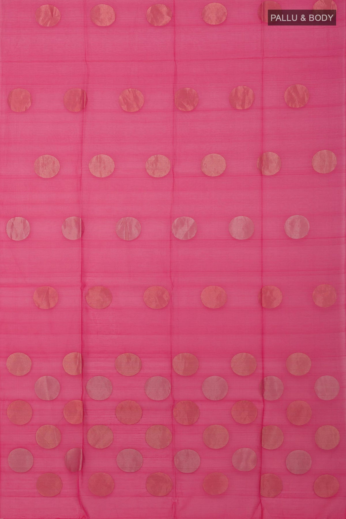 Flat view of Pink Silk Cotton Saree with Zari Butta on the body and Without Border. 