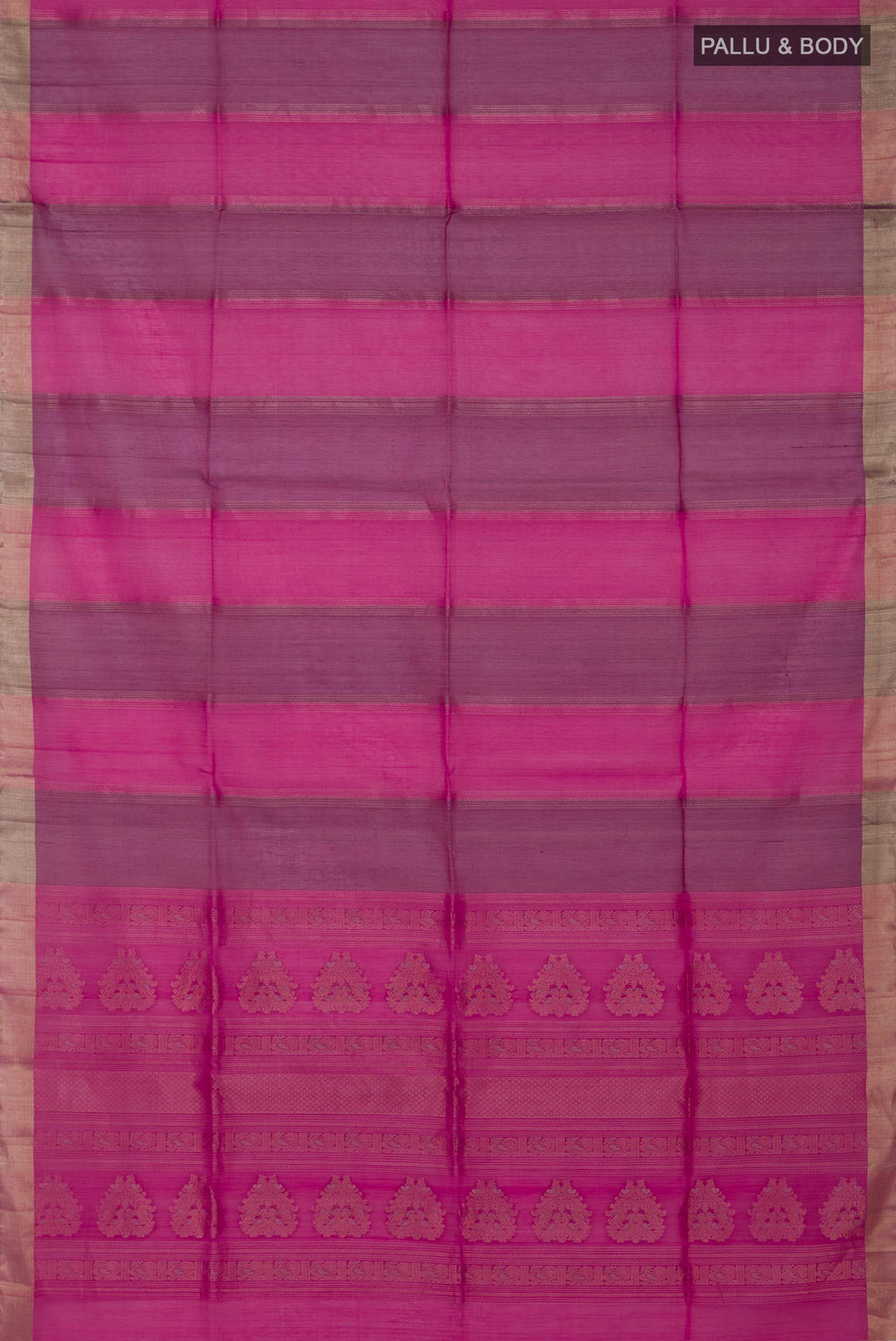 Flat view of Magenta Silk Cotton Saree with Stripes on the body and Zari Border. 