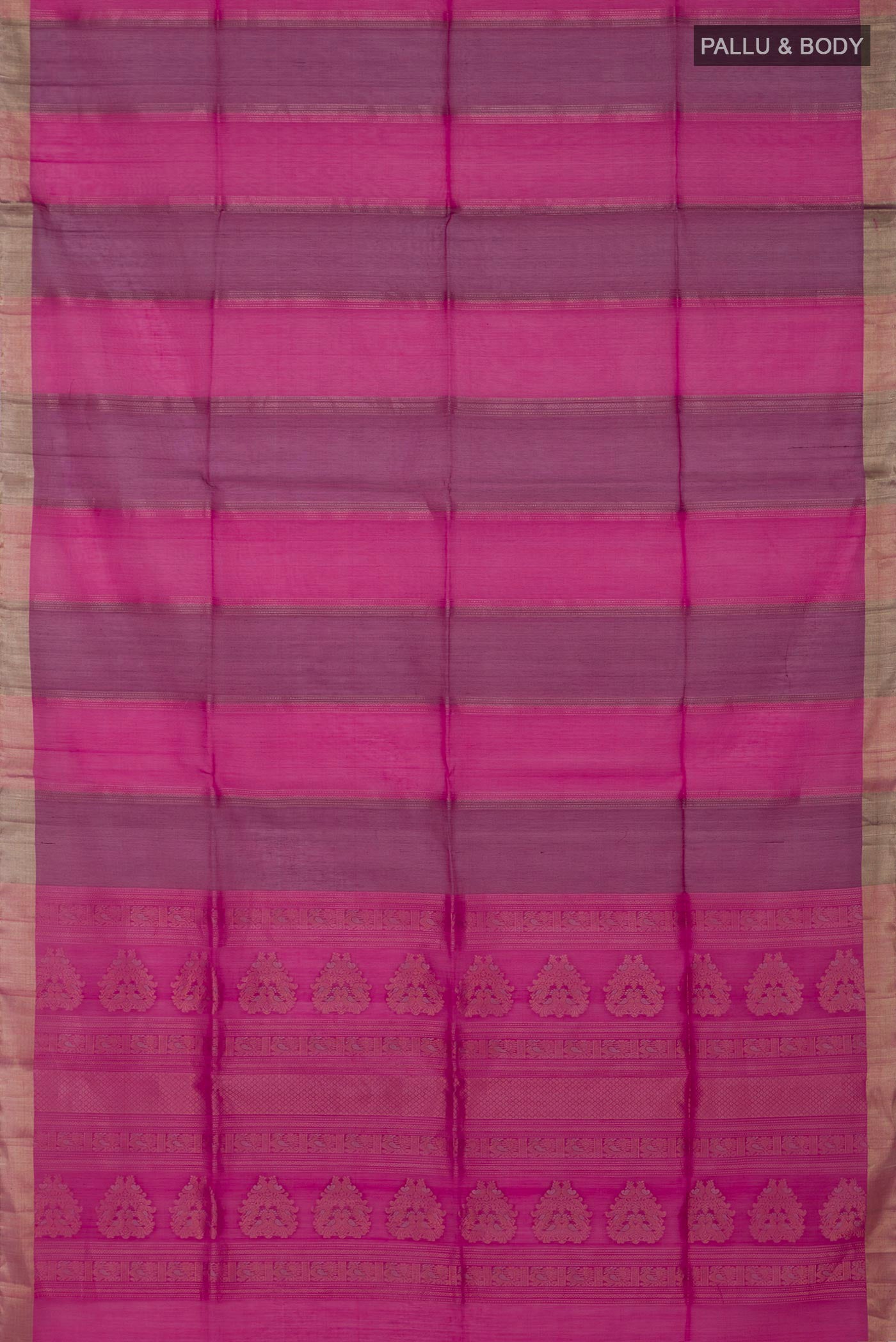 Flat view of Magenta Silk Cotton Saree with Stripes on the body and Zari Border. 