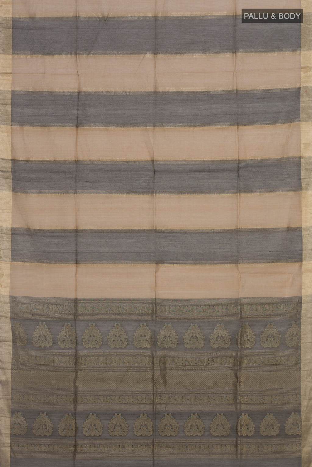 Flat view of Multi Color Silk Cotton Saree with Stripes on the body and Zari Border. 
