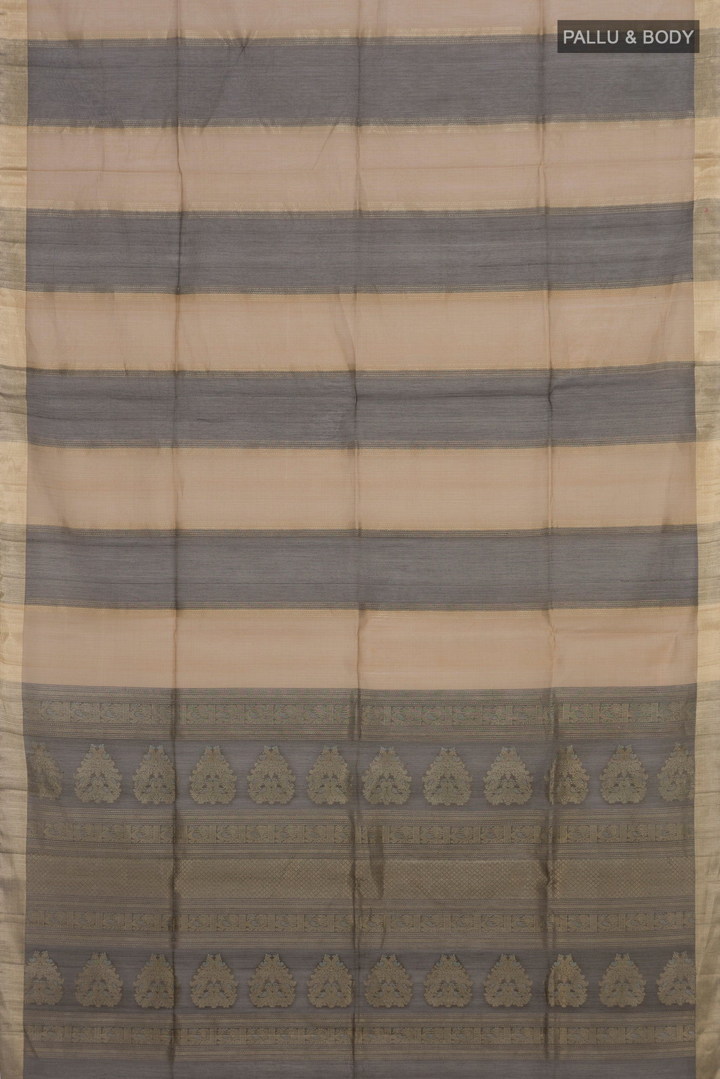 Flat view of Multi Color Silk Cotton Saree with Stripes on the body and Zari Border. 