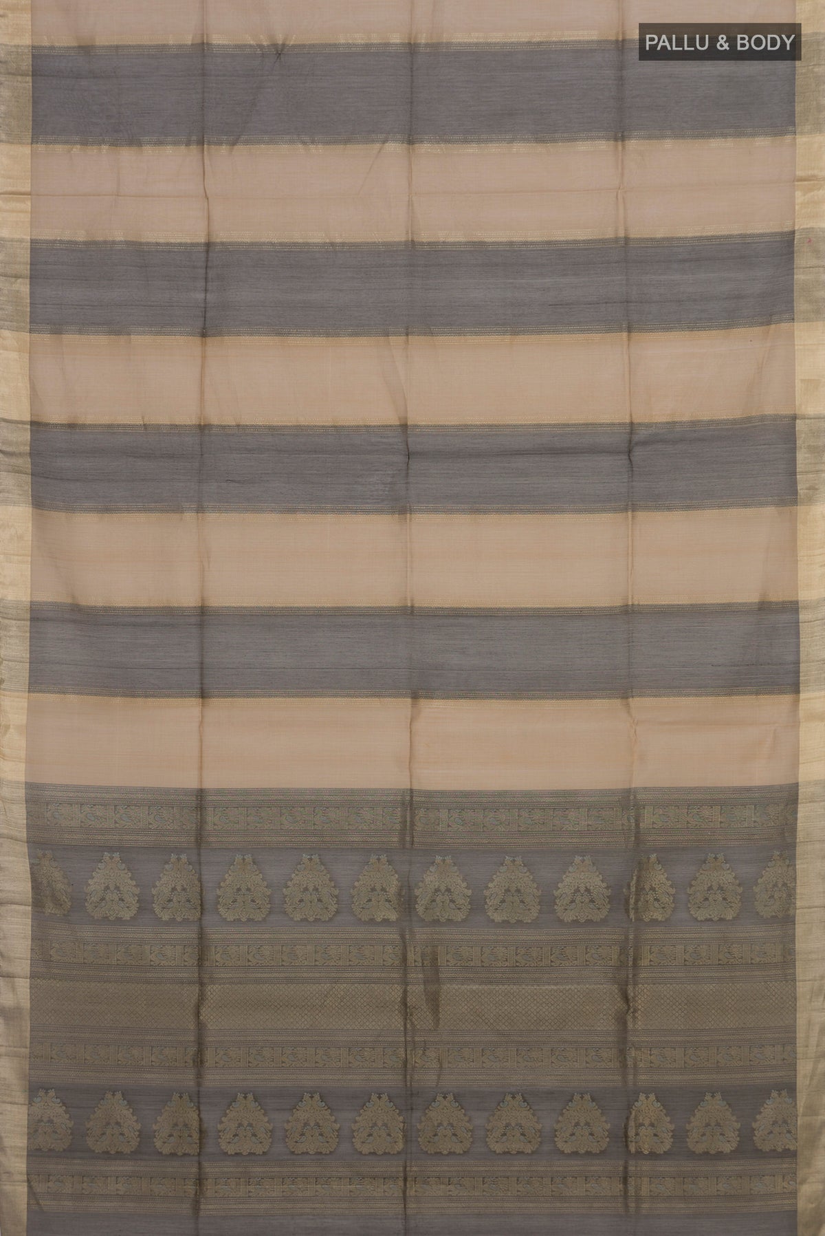 Flat view of Multi Color Silk Cotton Saree with Stripes on the body and Zari Border. 