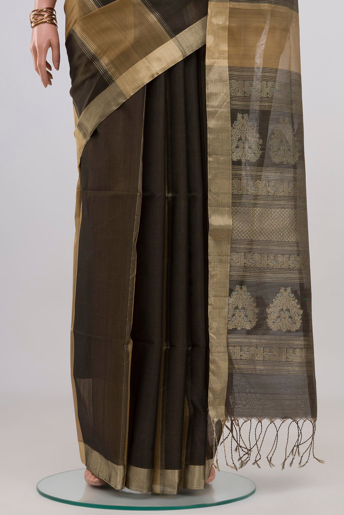 Pleats and pallu of Multi Color Silk Cotton Saree with Stripes on the body and Zari Border. 