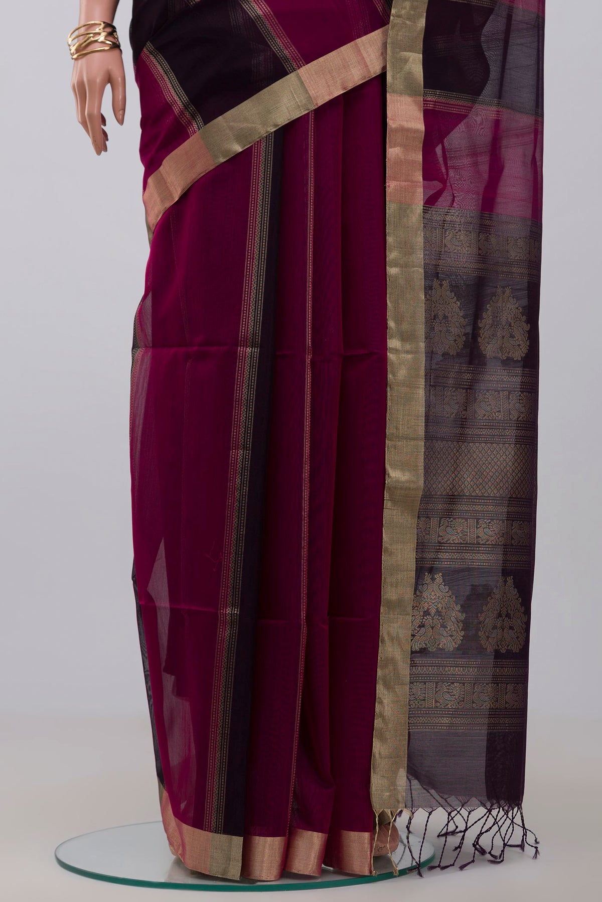 Pleats and pallu of Multi Color Silk Cotton Saree with Fancy on the body and Zari Border. 