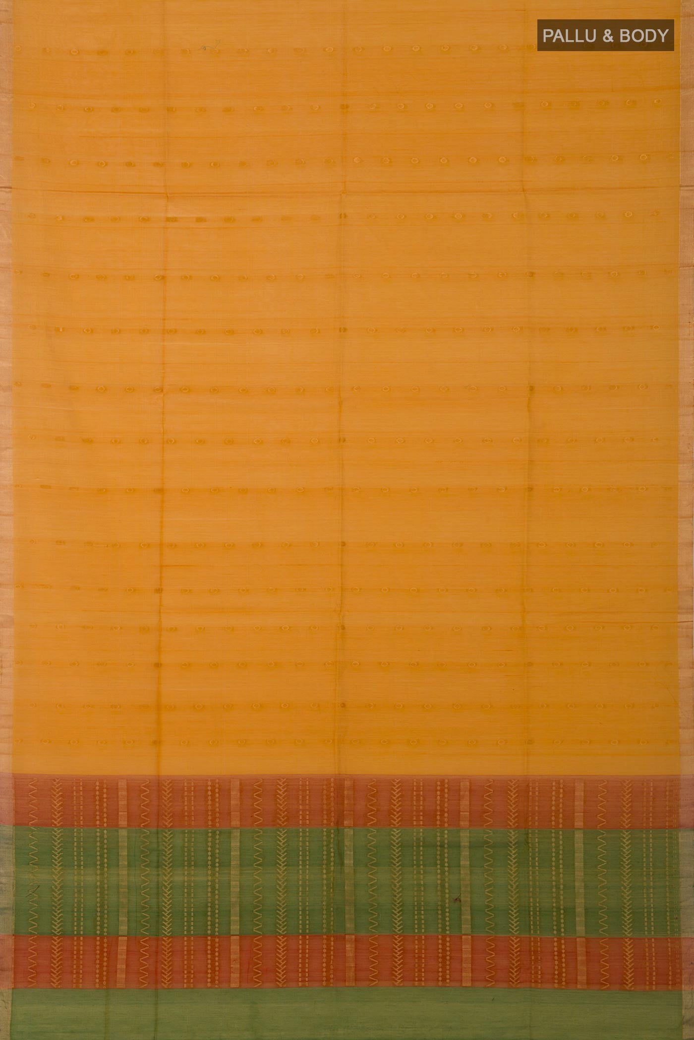 Flat view of Yellow Silk Cotton Saree with Zari Butta on the body and Thin Zari Line. 