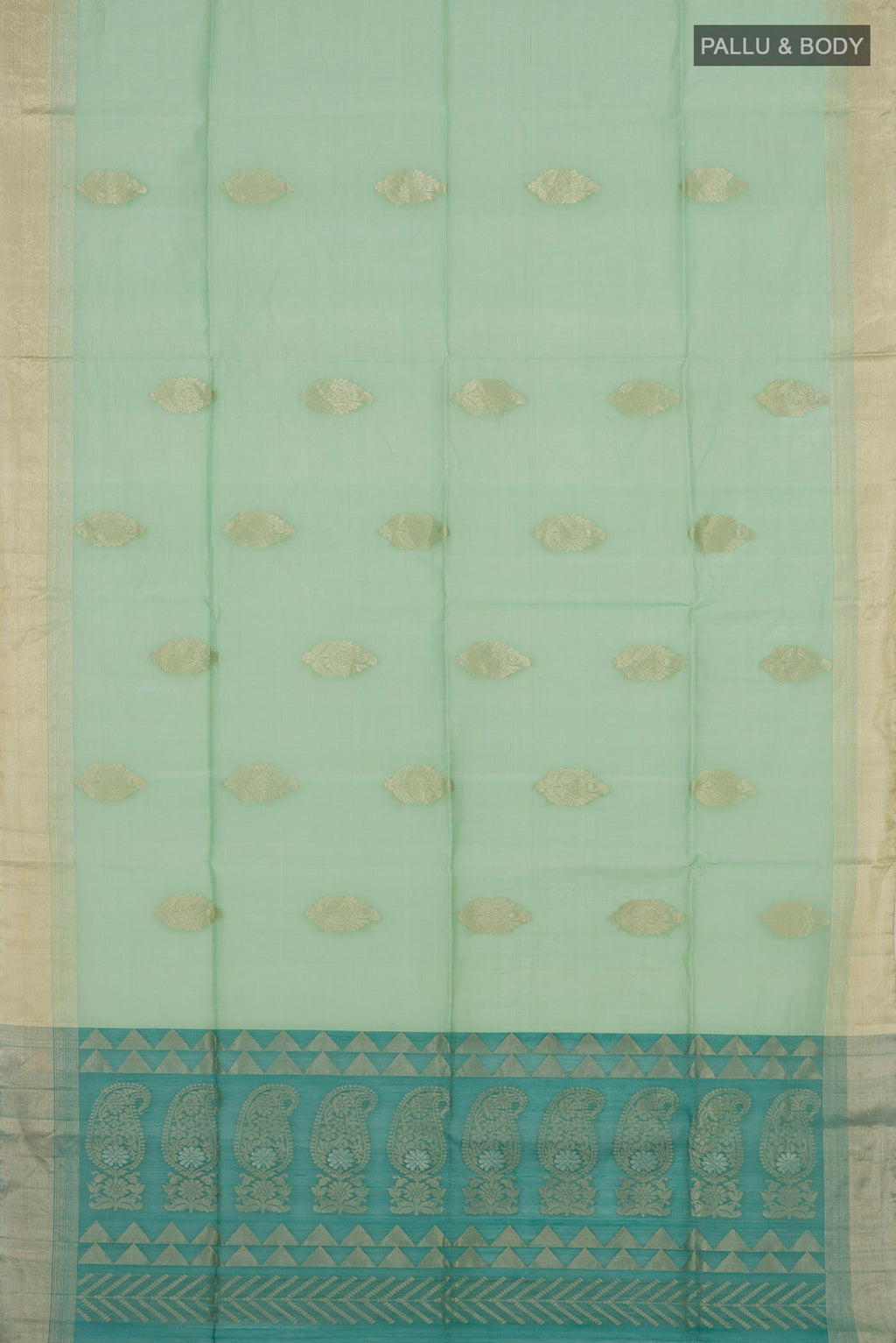 Flat view of Pista Green Silk Cotton Saree with Zari Butta on the body and Zari Border. 