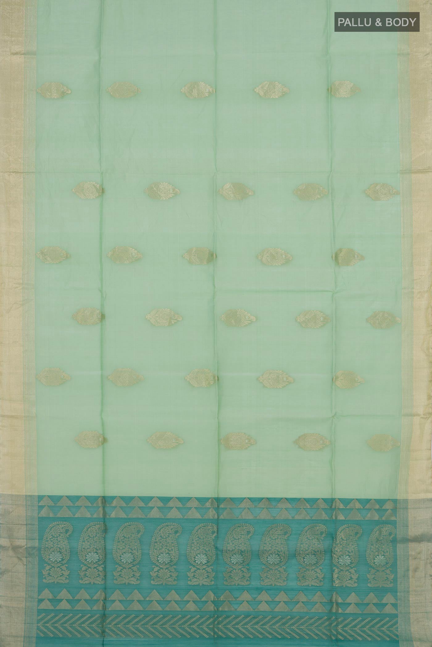 Flat view of Pista Green Silk Cotton Saree with Zari Butta on the body and Zari Border. 