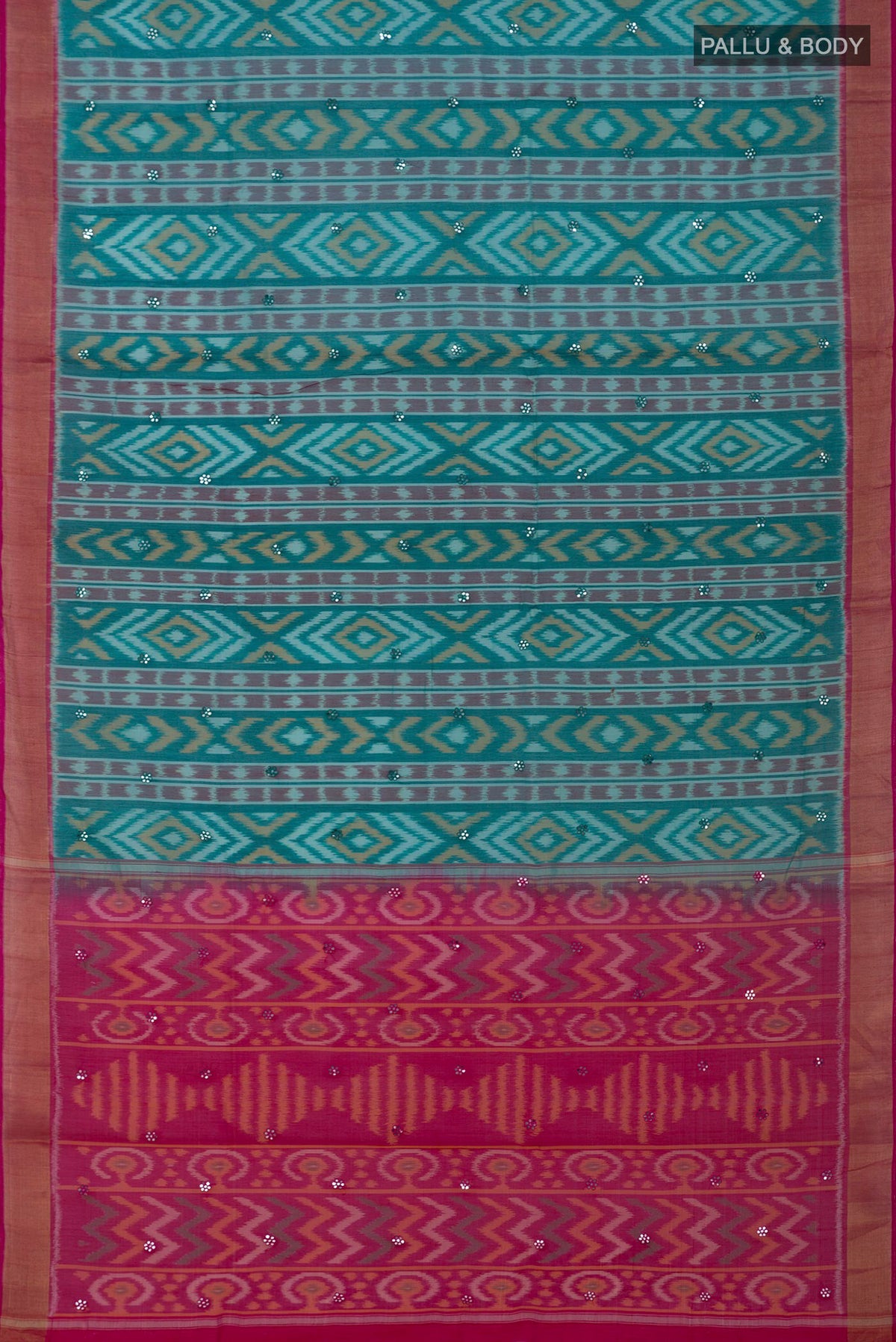 Flat view of Green Silk Cotton Saree with Ikat Print on the body and Zari Border. 