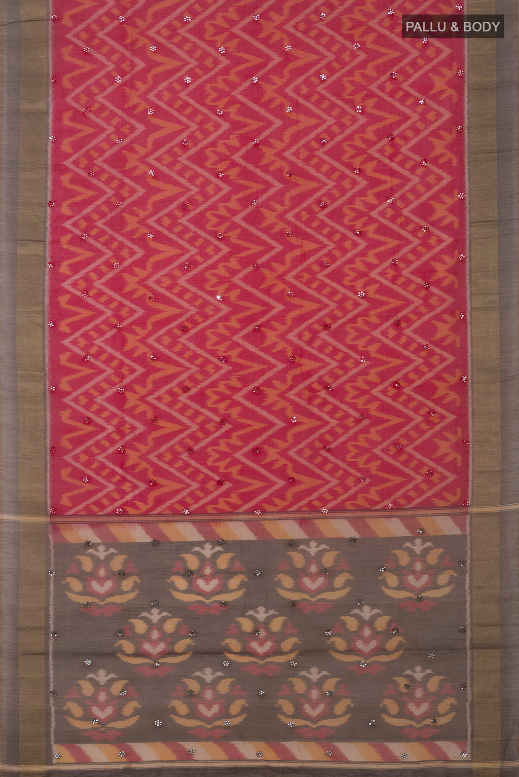 Flat view of Red Silk Cotton Saree with Ikat Print on the body and Zari Border. 