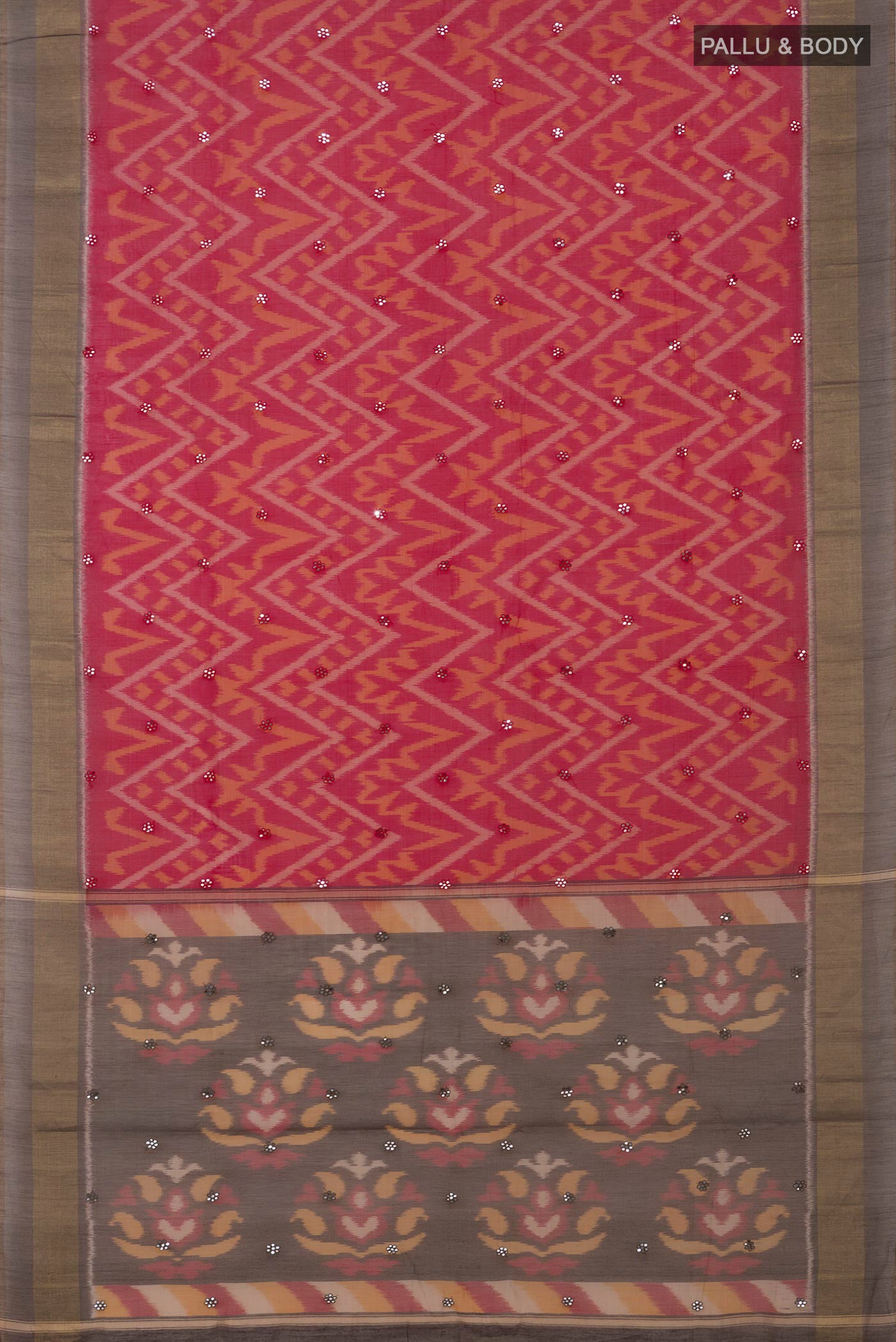 Flat view of Red Silk Cotton Saree with Ikat Print on the body and Zari Border. 