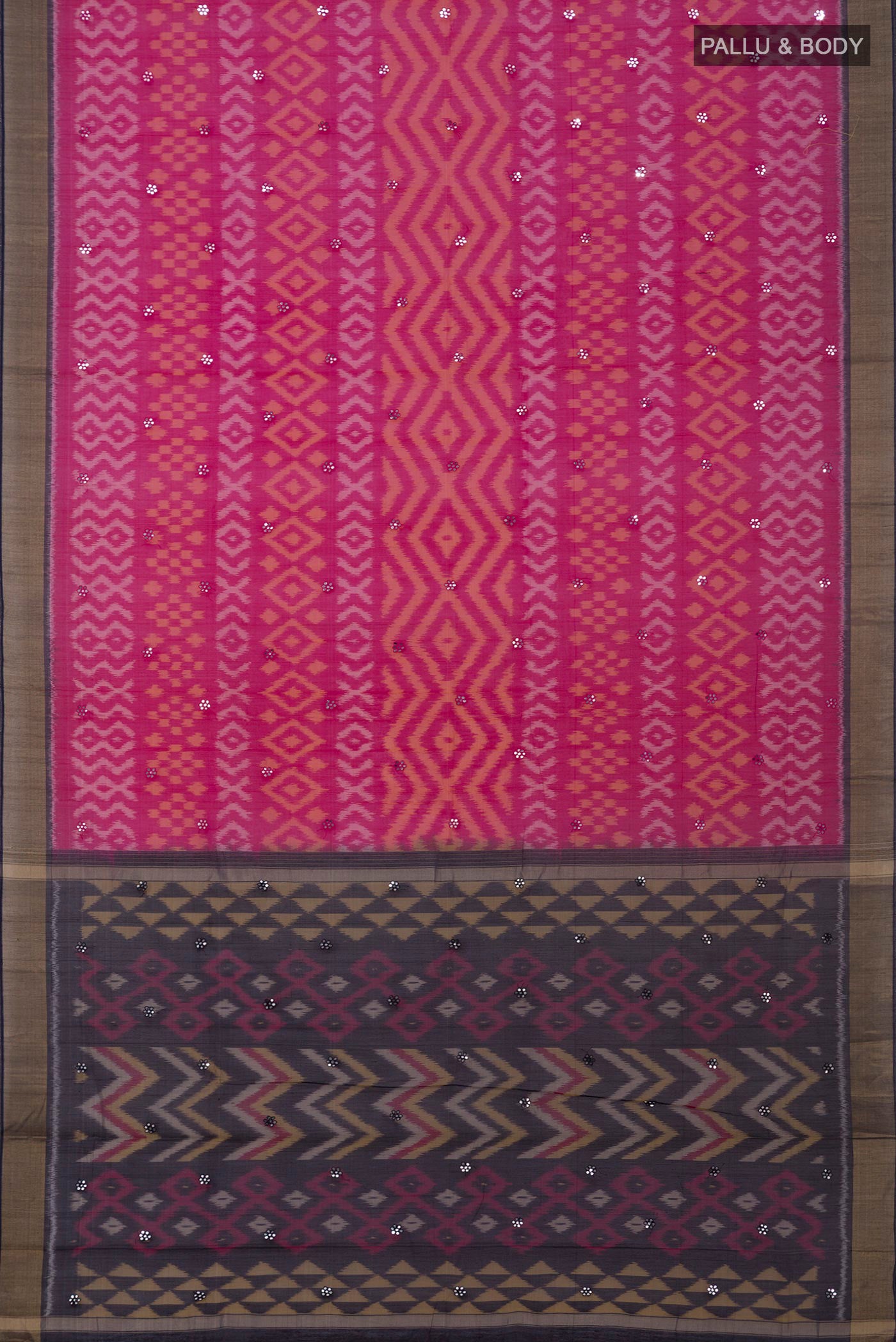 Flat view of Pink Silk Cotton Saree with Ikat Print on the body and Zari Border. 