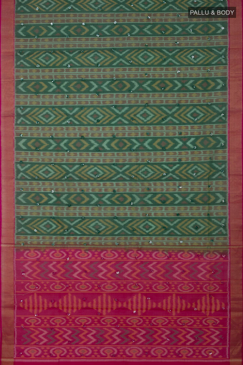 Flat view of Green Silk Cotton Saree with Ikat design on the body and Zari Border. 