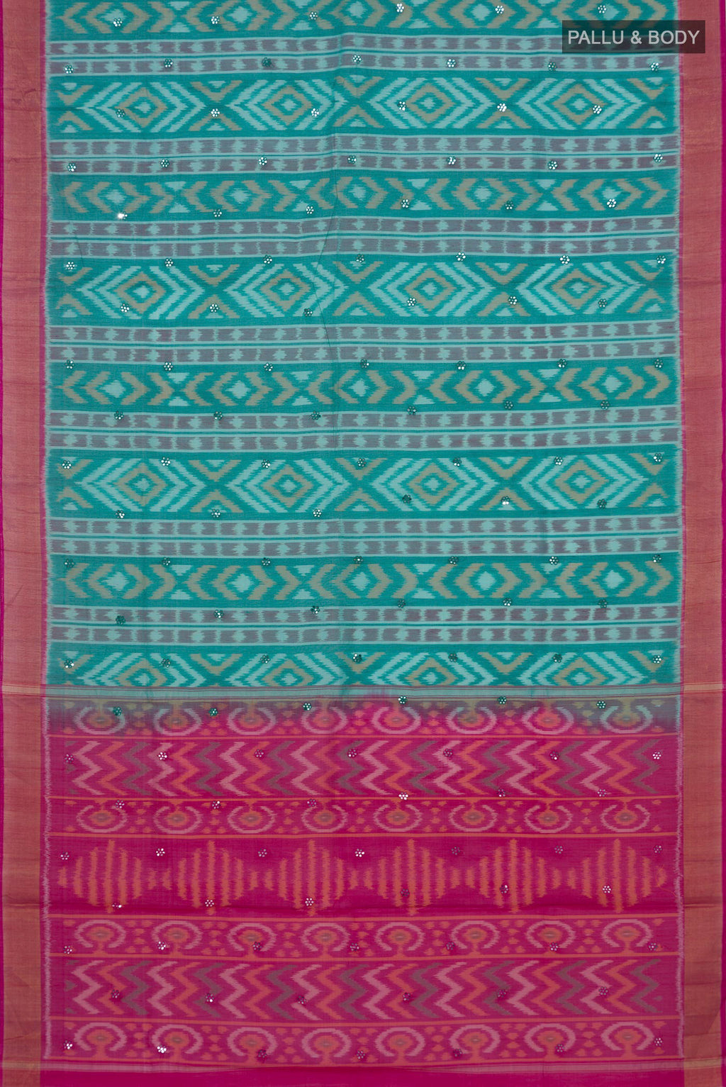 Flat view of Green Silk Cotton Saree with Ikat design on the body and Zari Border. 