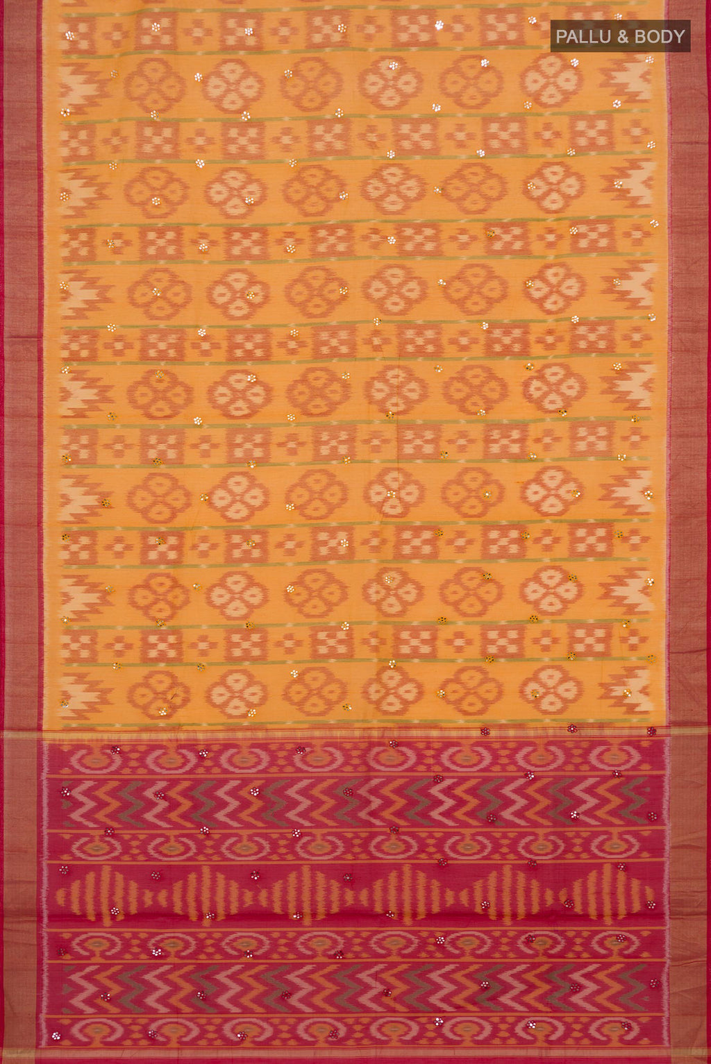 Flat view of Yellow Silk Cotton Saree with Ikat design on the body and Zari Border. 