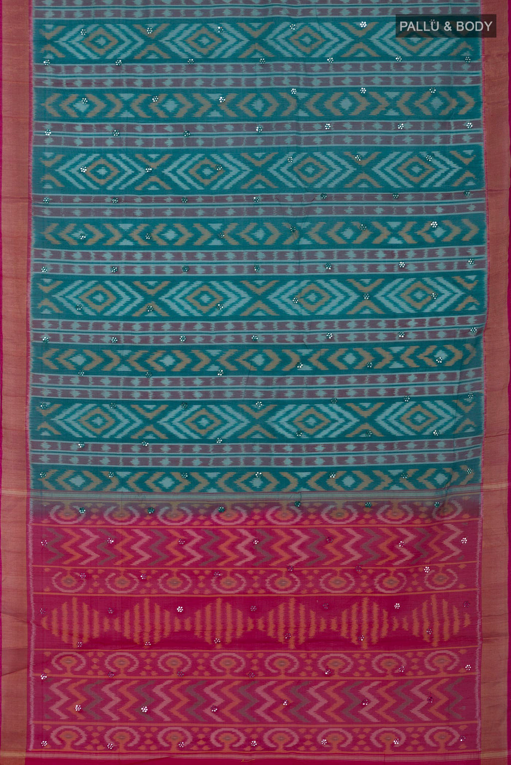 Flat view of Green Silk Cotton Saree with Ikat Print on the body and Zari Border. 