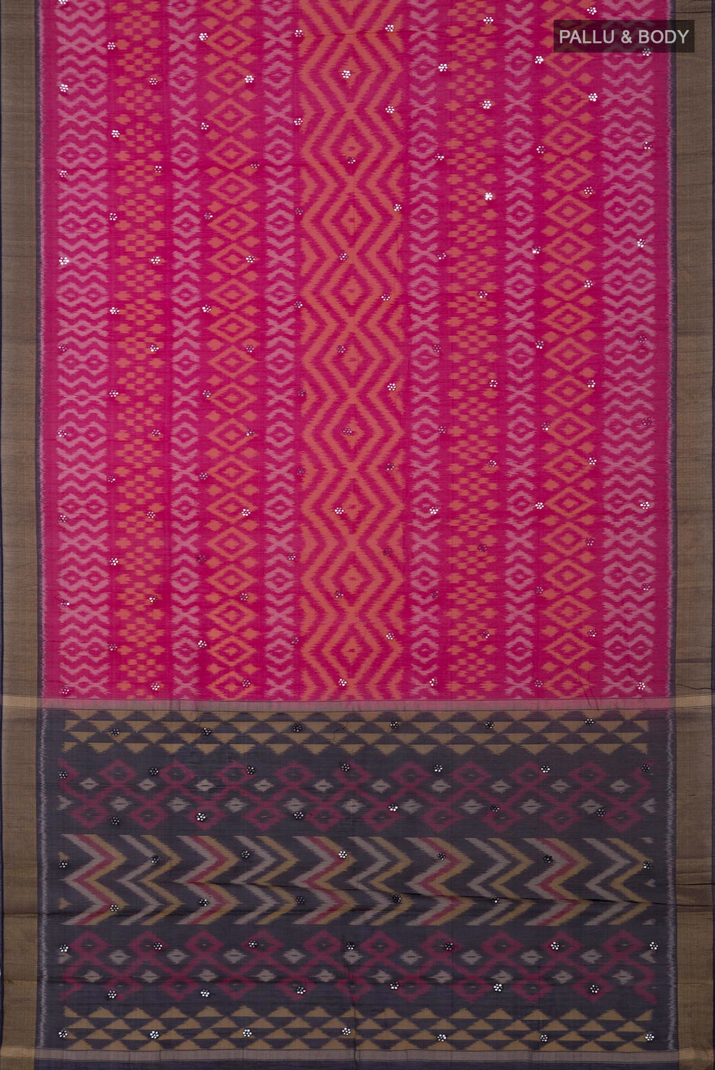 Flat view of Pink Silk Cotton Saree with Ikat design on the body and Zari Border. 