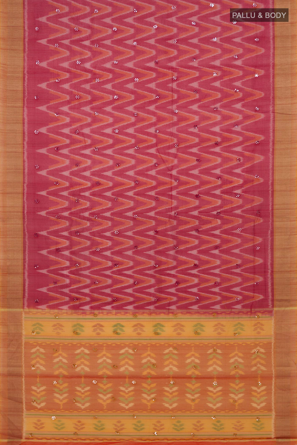 Flat view of Red Silk Cotton Saree with Ikat Print on the body and Zari Border. 