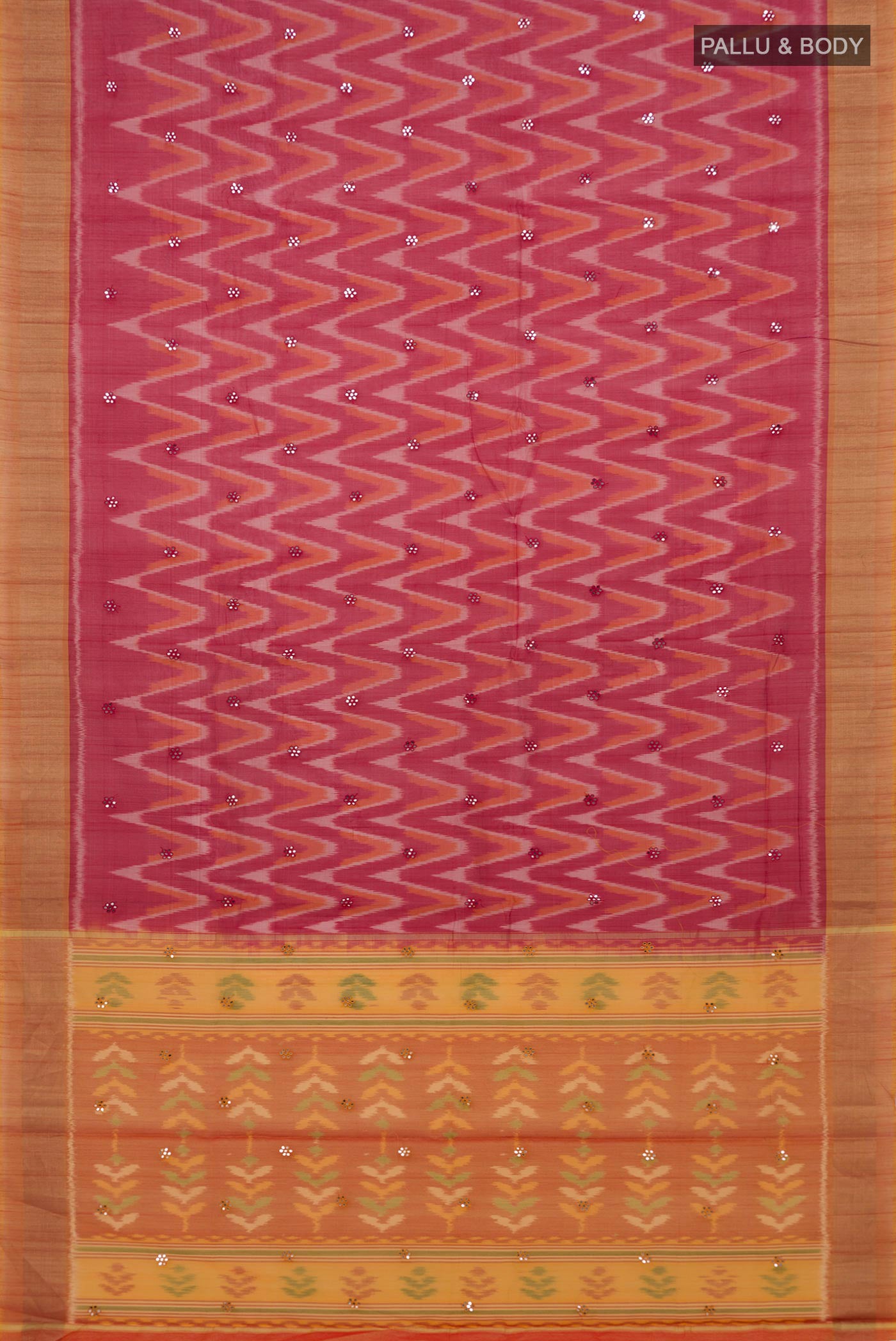 Flat view of Red Silk Cotton Saree with Ikat Print on the body and Zari Border. 