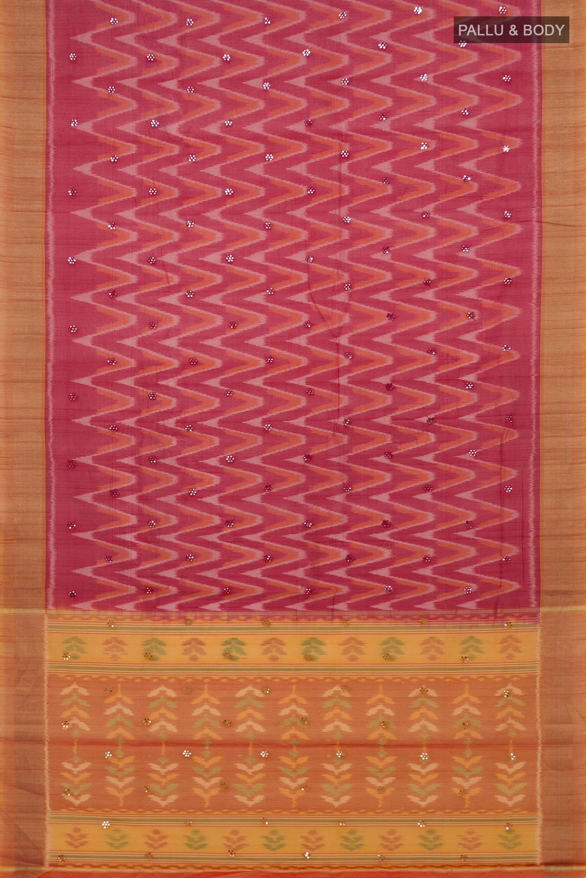 Flat view of Red Silk Cotton Saree with Ikat Print on the body and Zari Border. 