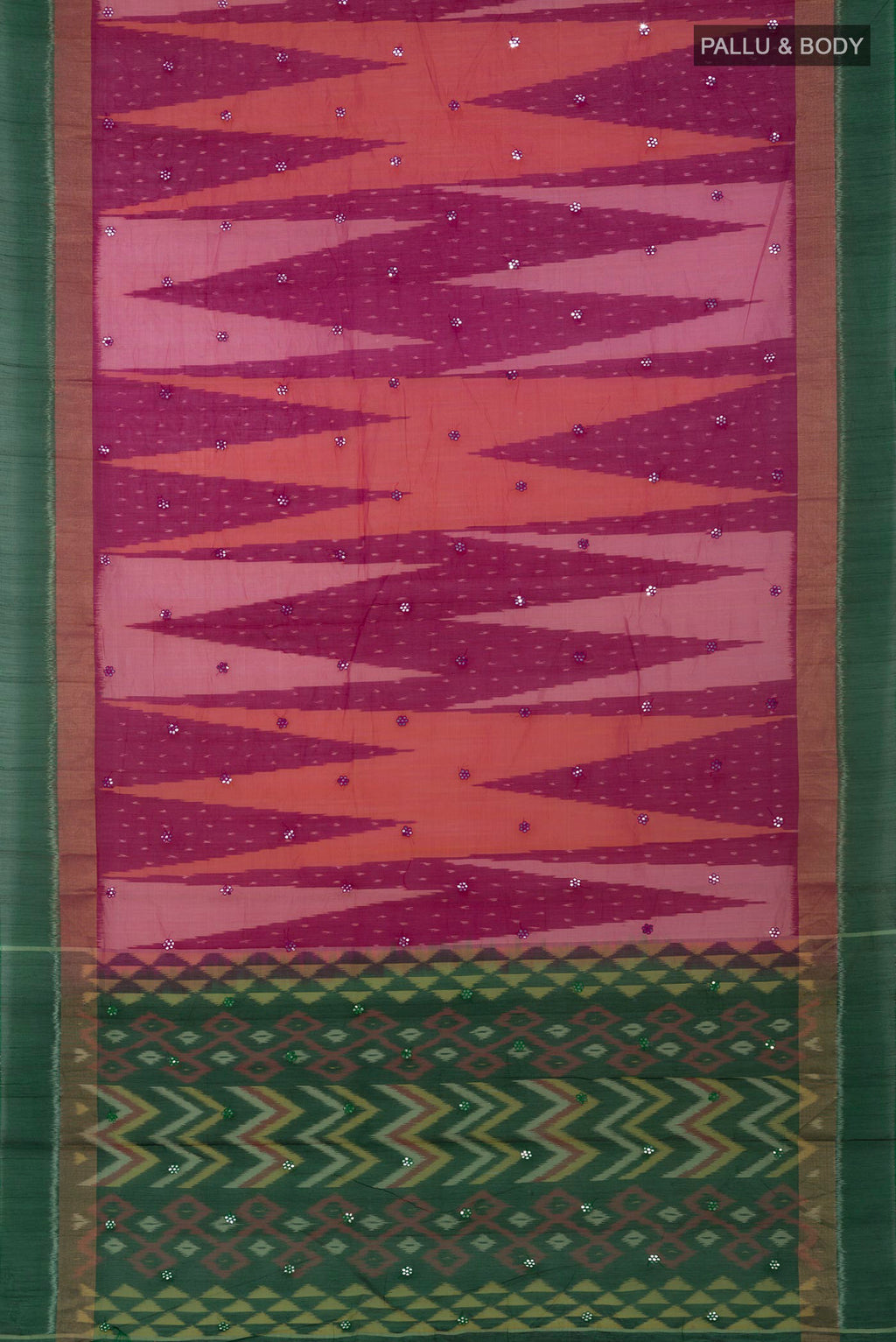 Flat view of Pink Silk Cotton Saree with Ikat Print on the body and Zari Border. 