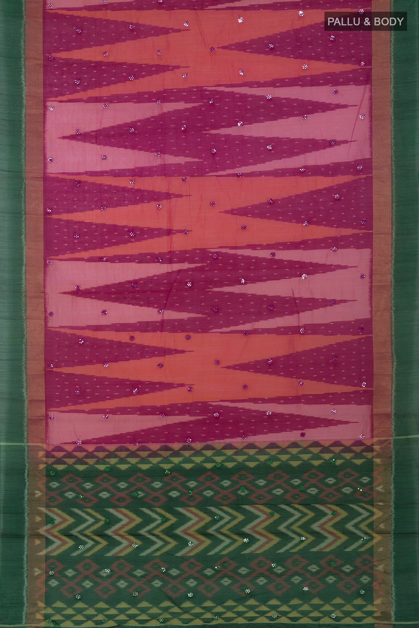 Flat view of Pink Silk Cotton Saree with Ikat Print on the body and Zari Border. 