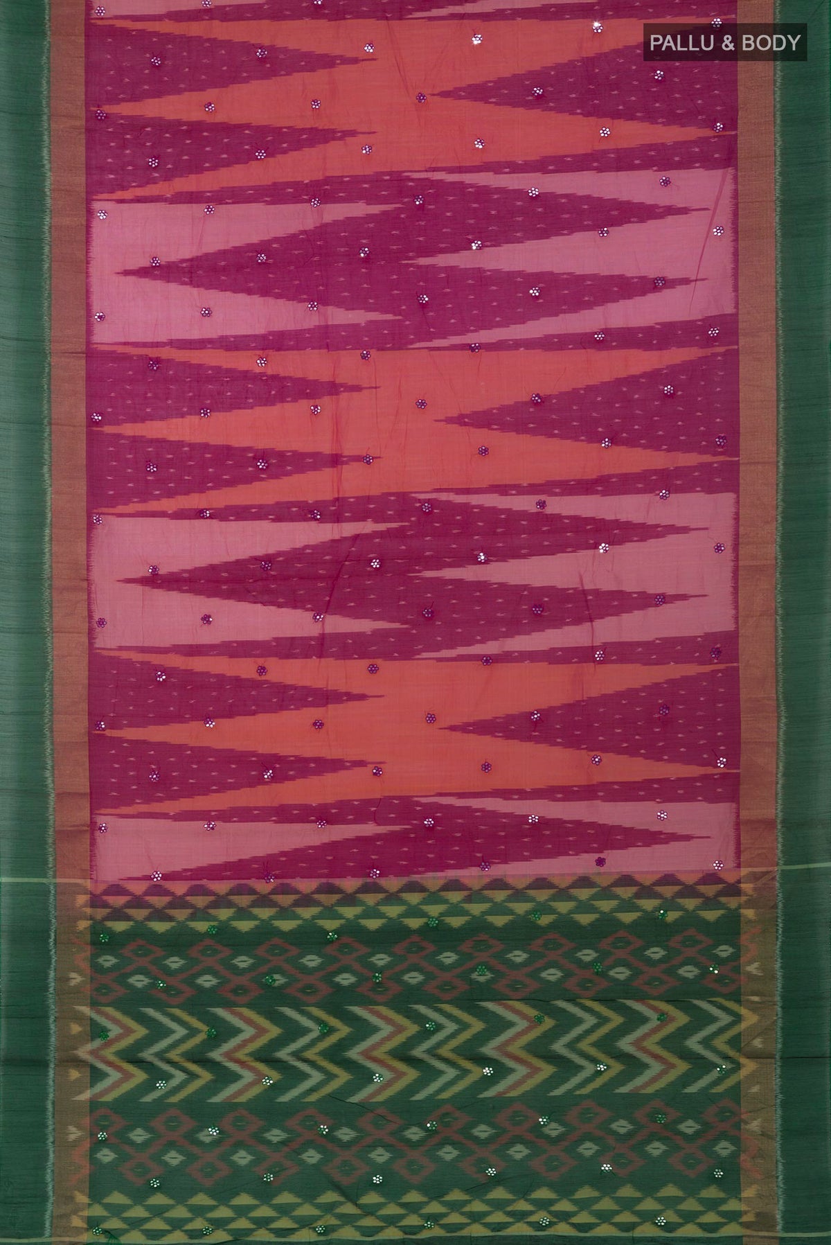 Flat view of Pink Silk Cotton Saree with Ikat Print on the body and Zari Border. 
