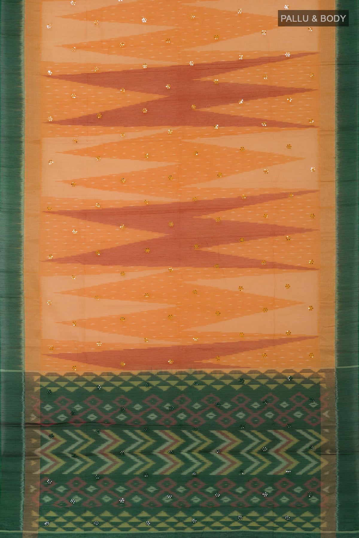 Flat view of Yellow Silk Cotton Saree with Ikat Print on the body and Paithani Border. 