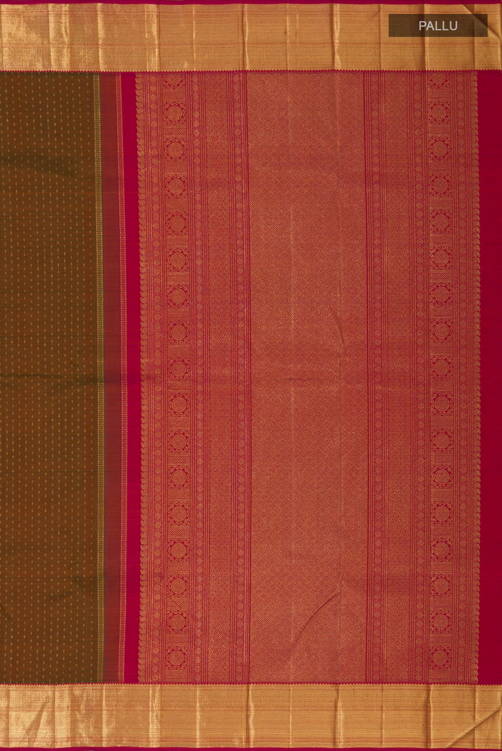 Close up image of the pallu of Pure Silk Pure Zari Green Kanjivaram Saree with Zari Butta on the body and Zari Border. 