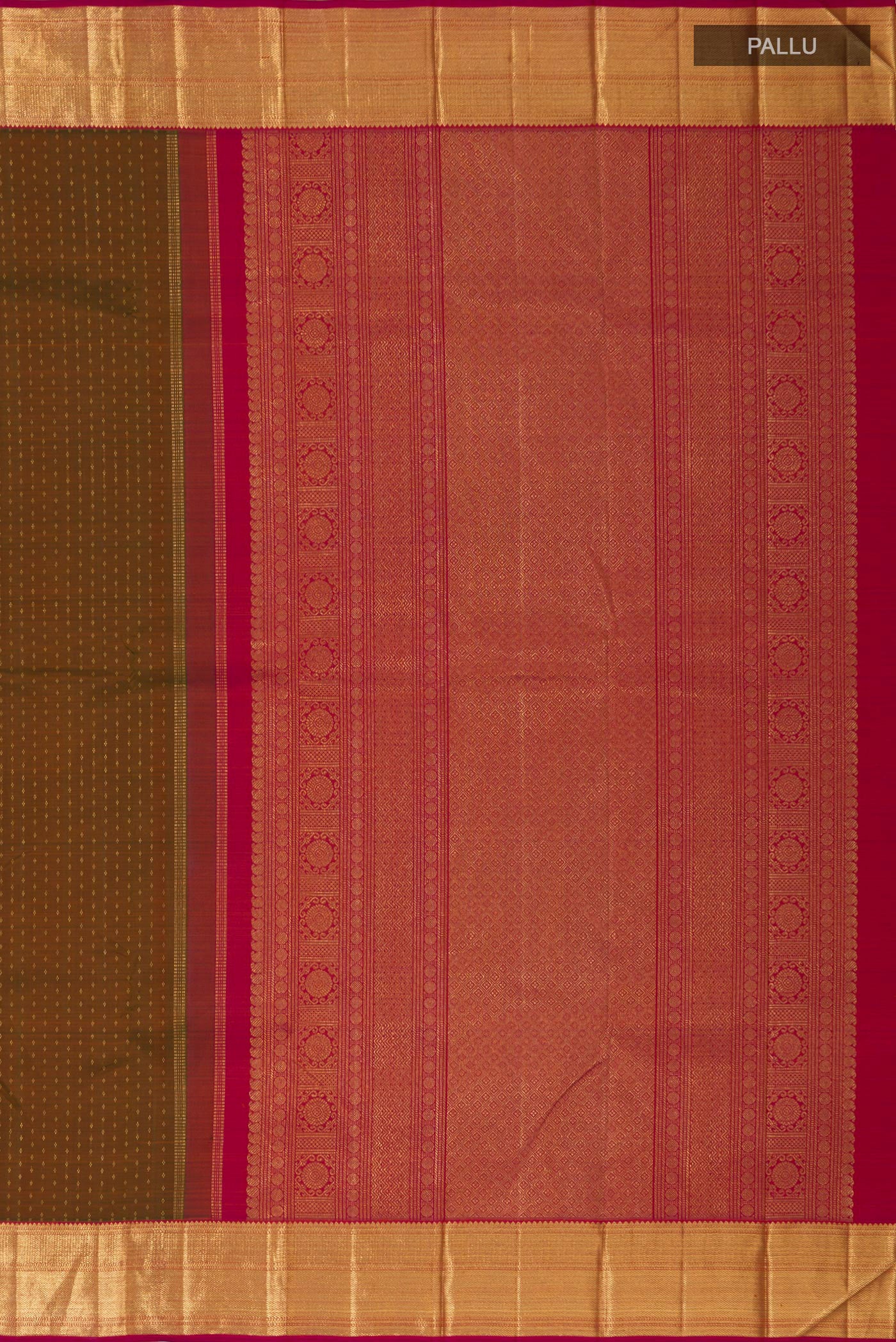 Close up image of the pallu of Pure Silk Pure Zari Green Kanjivaram Saree with Zari Butta on the body and Zari Border. 