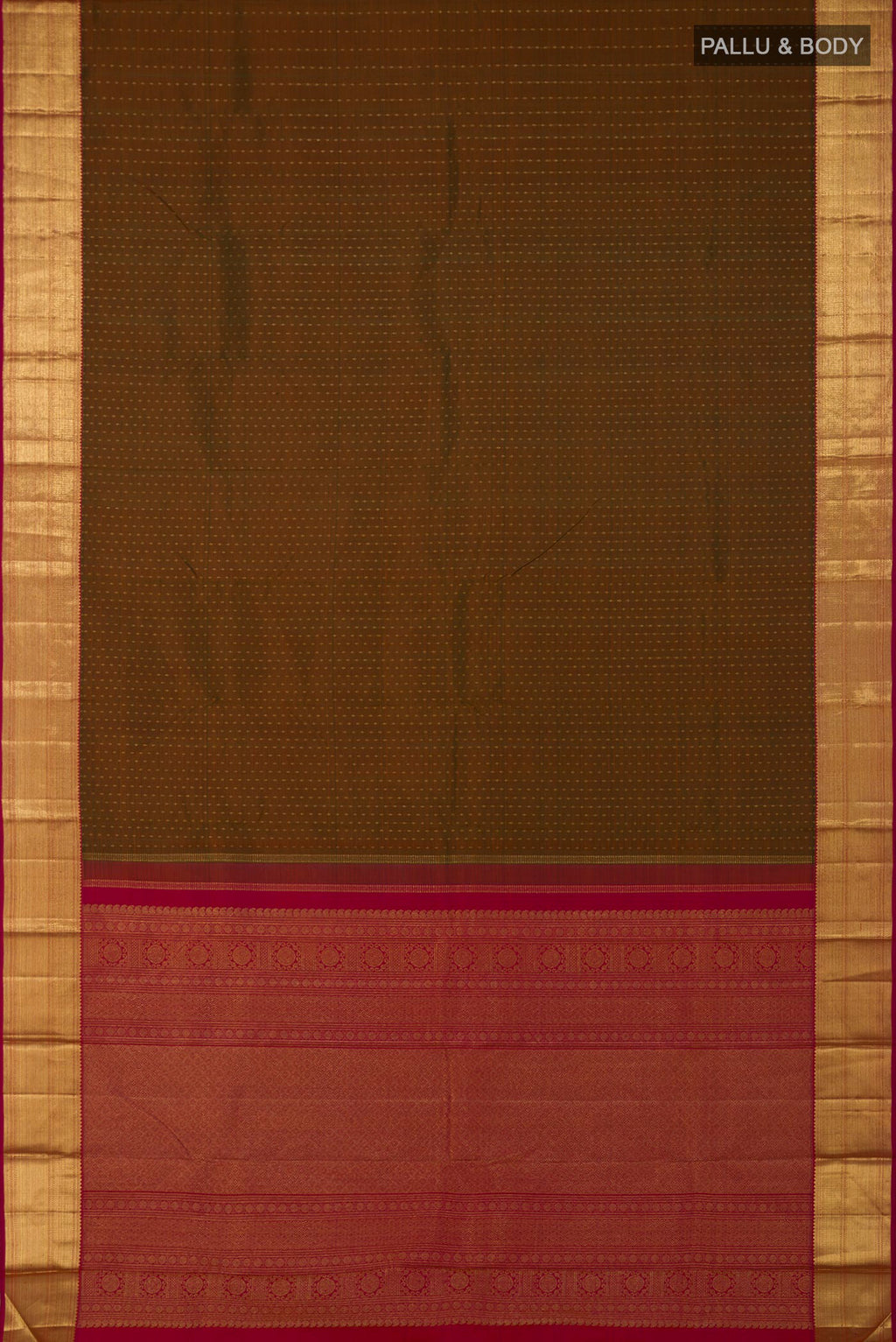 Flat view of Pure Silk Pure Zari Green Kanjivaram Saree with Zari Butta on the body and Zari Border. 