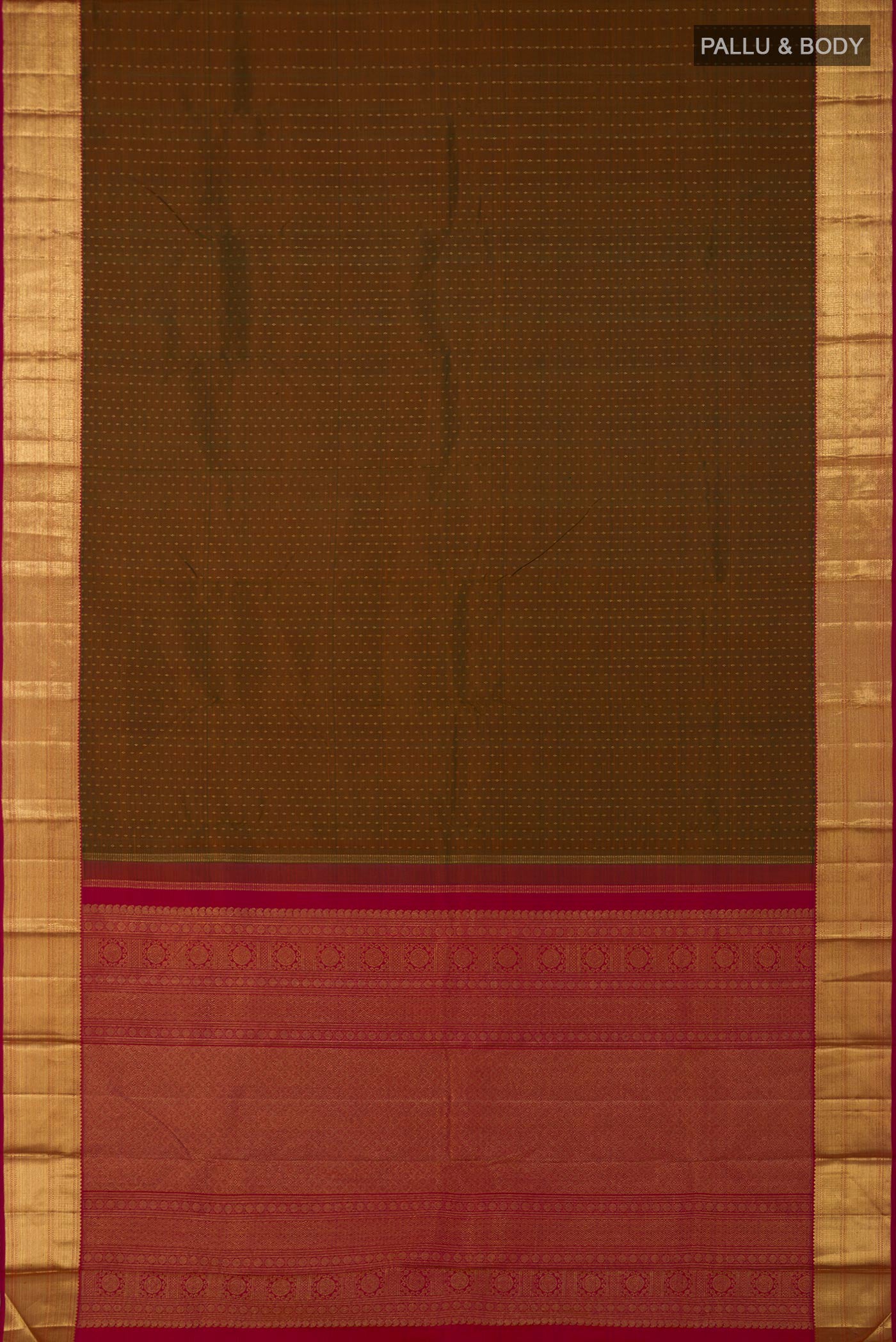 Flat view of Pure Silk Pure Zari Green Kanjivaram Saree with Zari Butta on the body and Zari Border. 