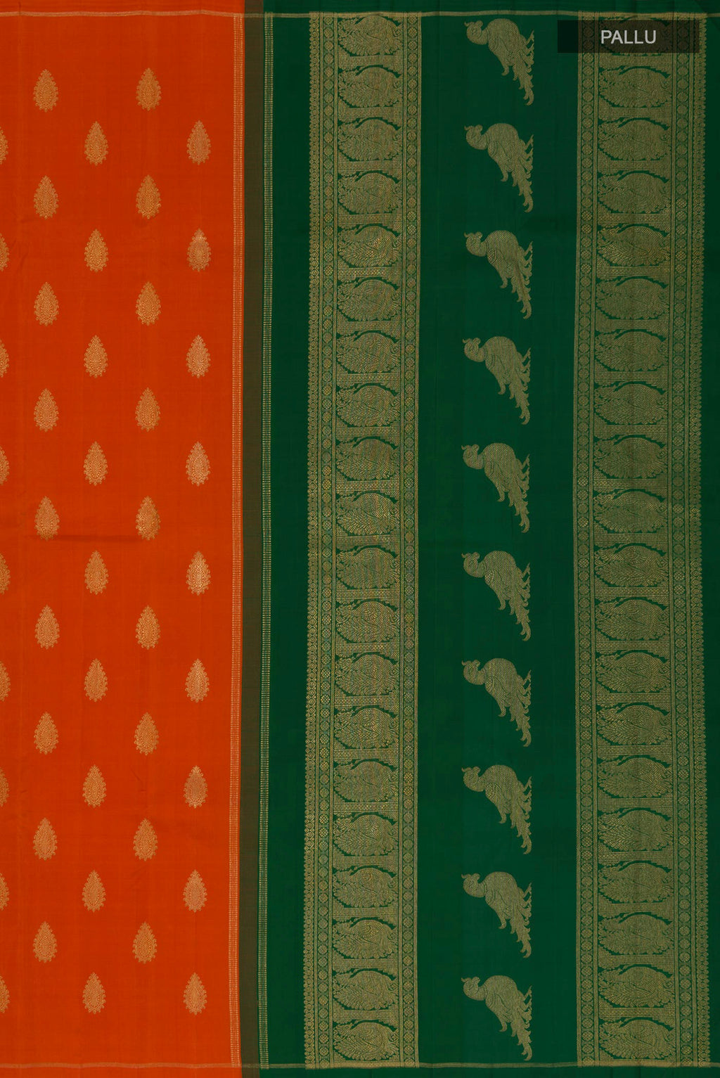 Close up image of the pallu of Pure Silk Pure Zari Orange Kanchipuram Saree with Zari Butta on the body and Thin Zari Line. 