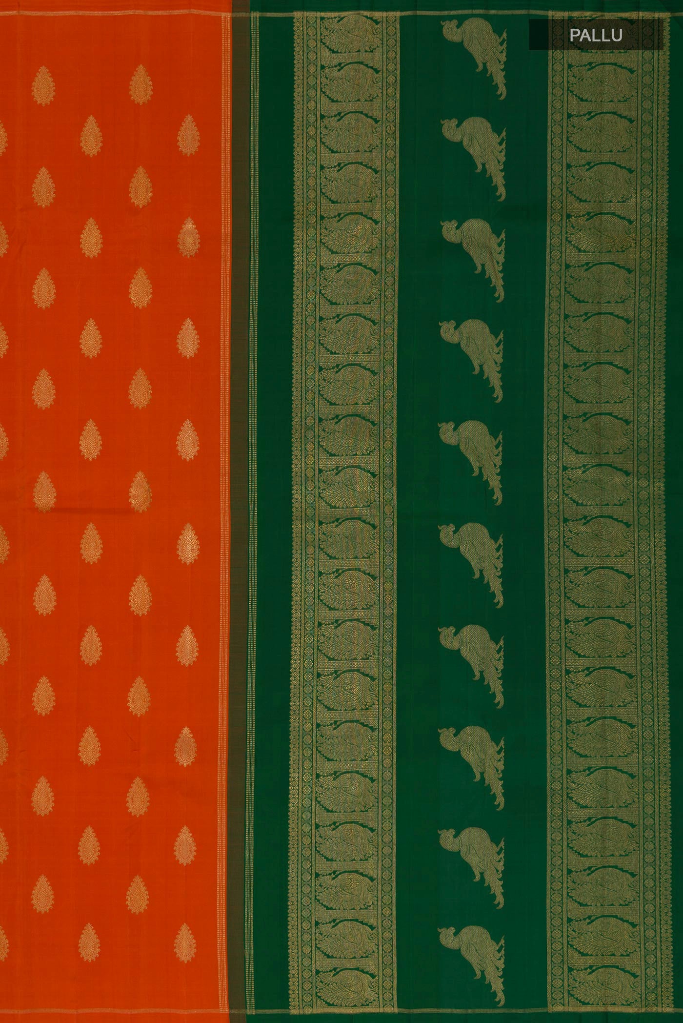 Close up image of the pallu of Pure Silk Pure Zari Orange Kanchipuram Saree with Zari Butta on the body and Thin Zari Line. 