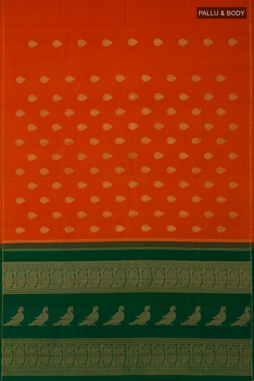 Flat view of Pure Silk Pure Zari Orange Kanchipuram Saree with Zari Butta on the body and Thin Zari Line. 