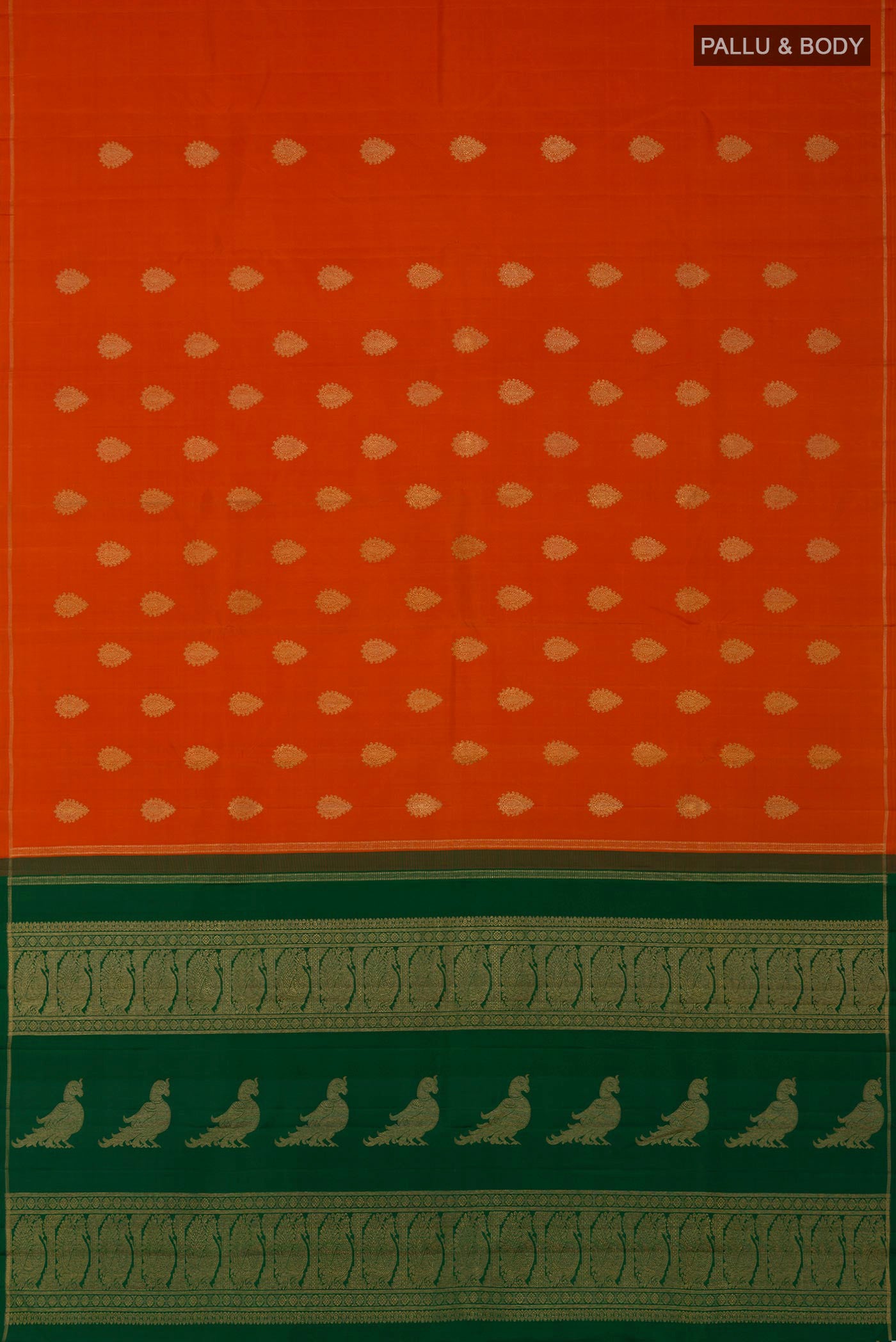 Flat view of Pure Silk Pure Zari Orange Kanchipuram Saree with Zari Butta on the body and Thin Zari Line. 