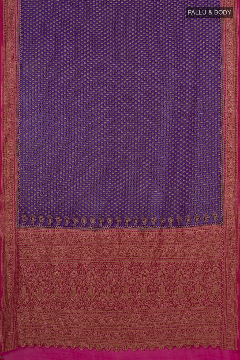 Flat view of Violet Banarasi Georgette Saree with Zari Butta on the body and Zari Border. 