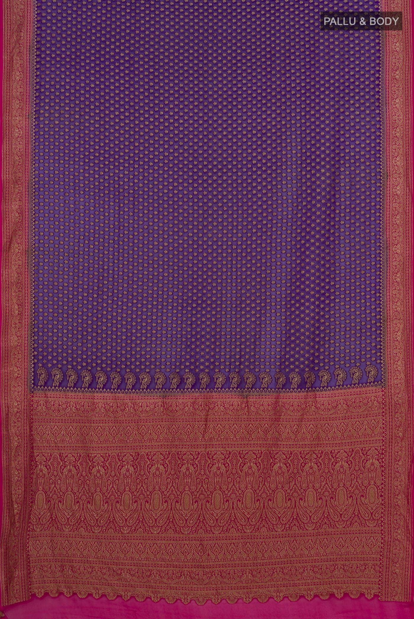 Flat view of Violet Banarasi Georgette Saree with Zari Butta on the body and Zari Border. 