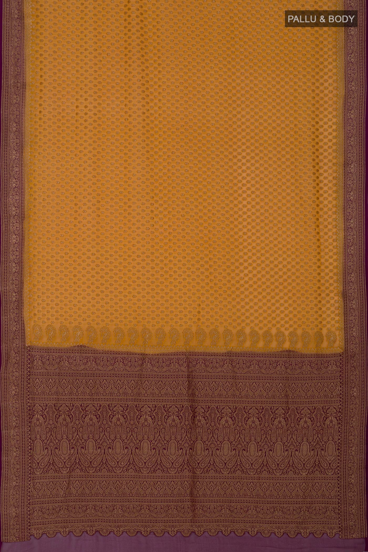 Flat view of Yellow Georgette Saree with Fancy on the body and Fancy Border. 