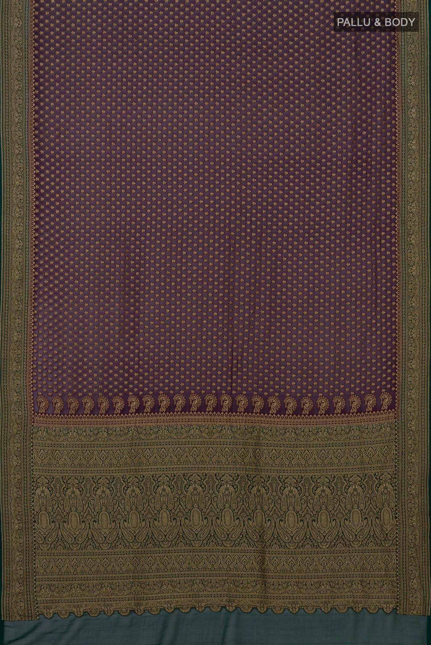 Flat view of Purple Banarasi Georgette Saree with Zari Butta on the body and Zari Border. 