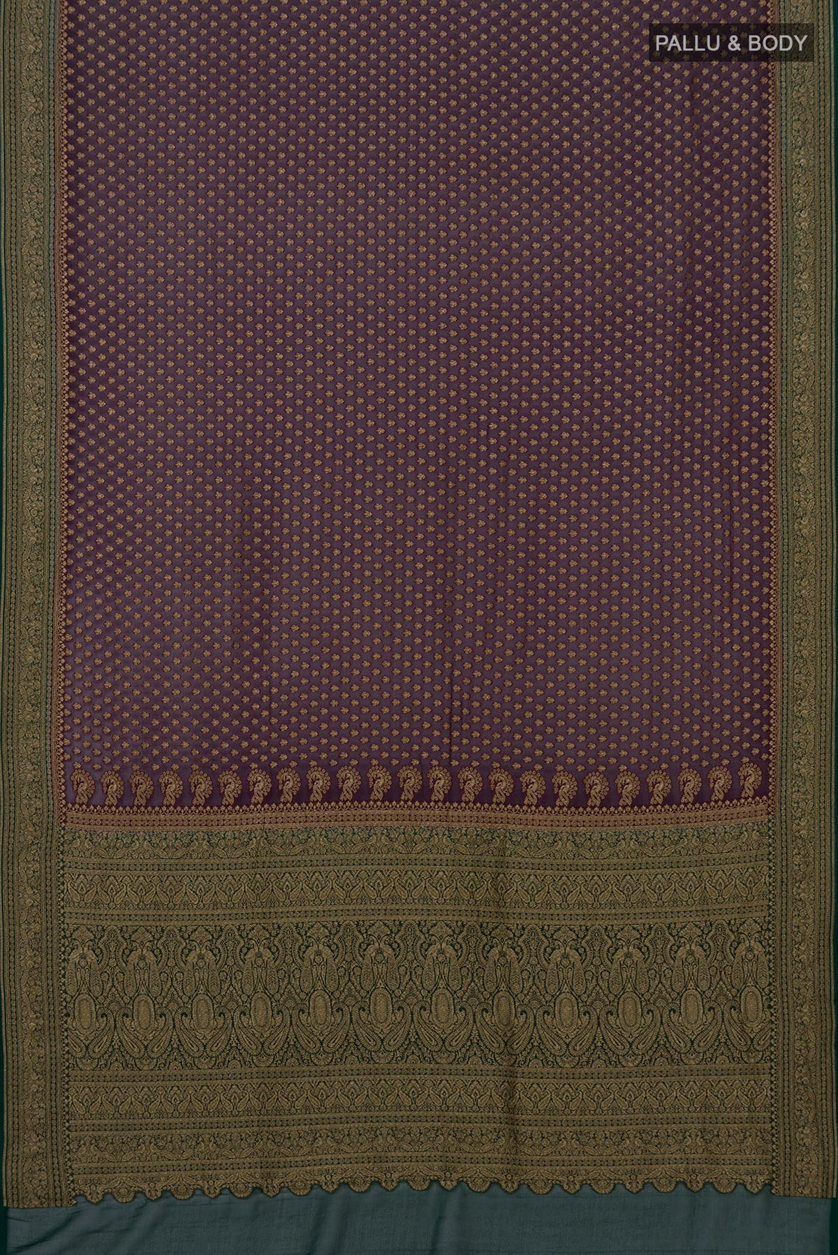 Flat view of Purple Banarasi Georgette Saree with Zari Butta on the body and Zari Border. 