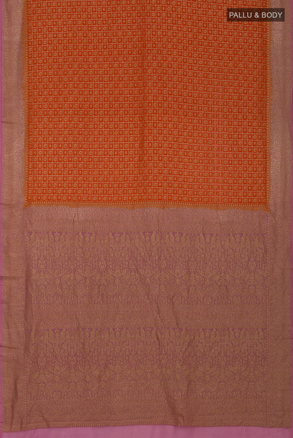 Flat view of Orange Georgette Saree with Fancy on the body and Zari Border. 