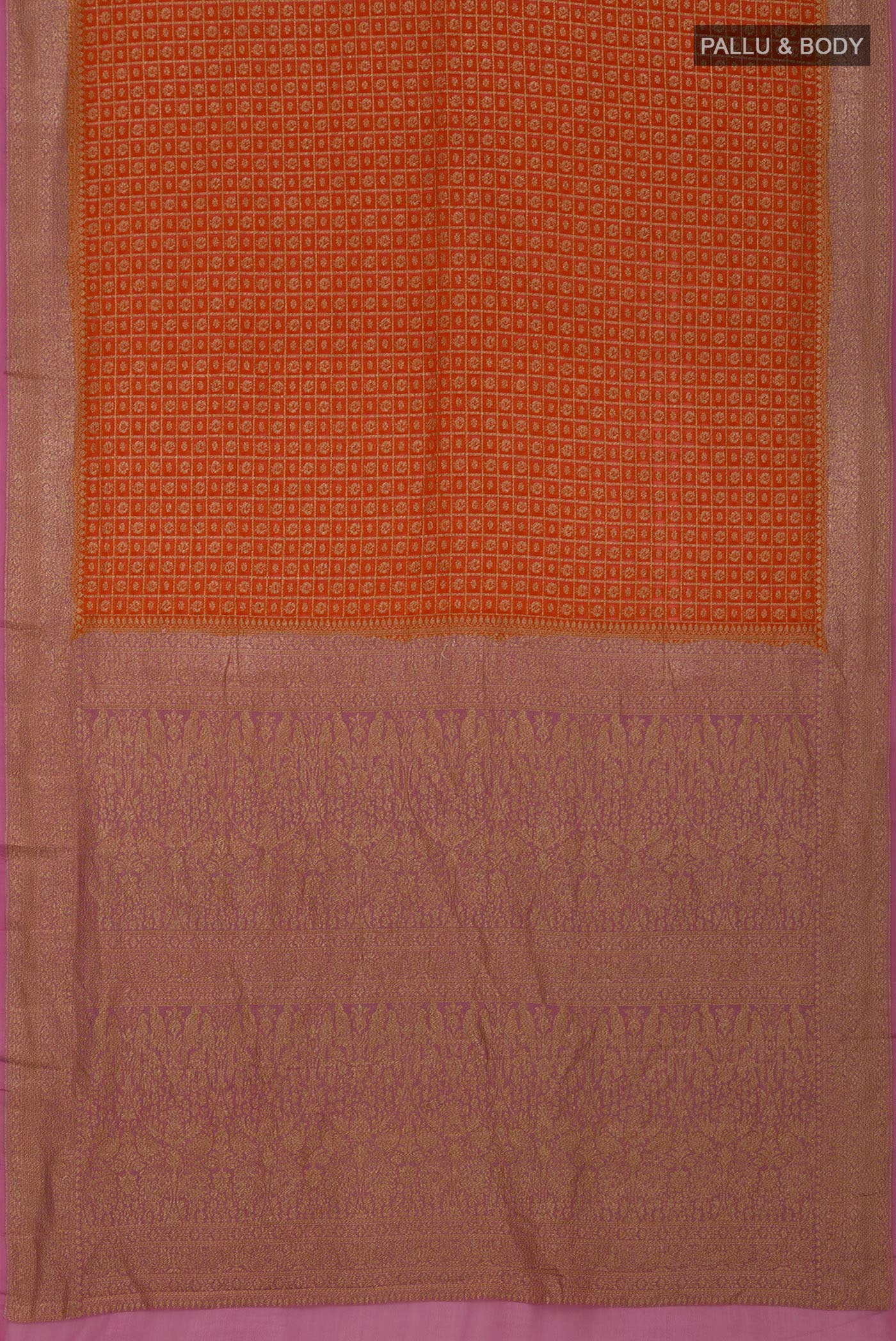 Flat view of Orange Georgette Saree with Fancy on the body and Zari Border. 