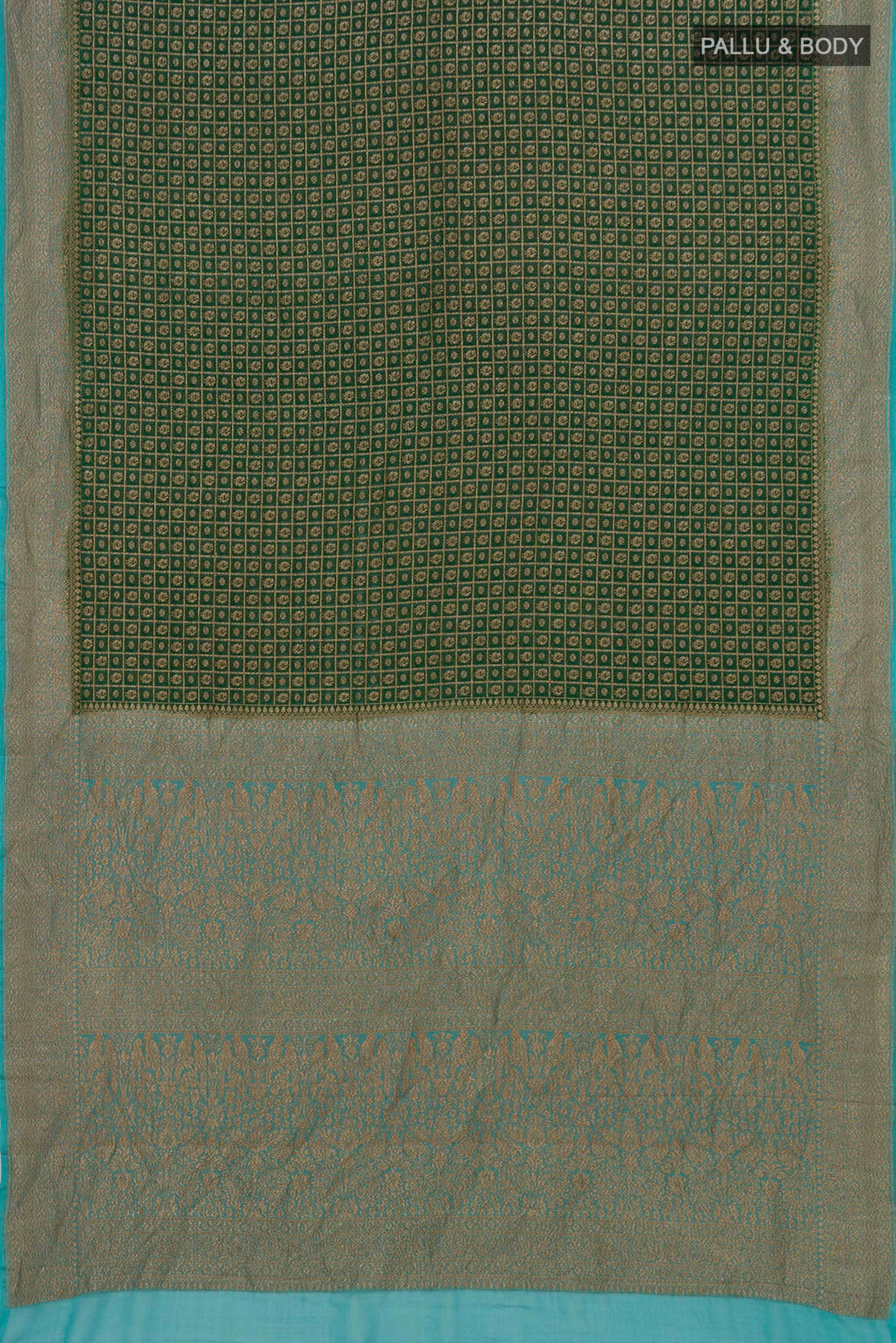 Flat view of Green Banarasi Georgette Saree with Checked design on the body and Zari Border. 