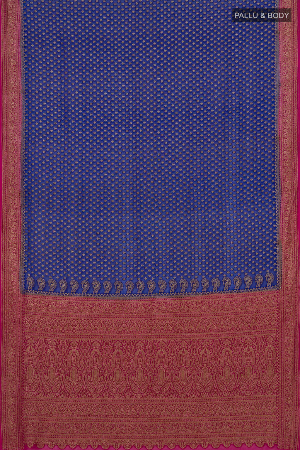 Flat view of Blue Banarasi Georgette Saree with Zari Butta on the body and Zari Border. 