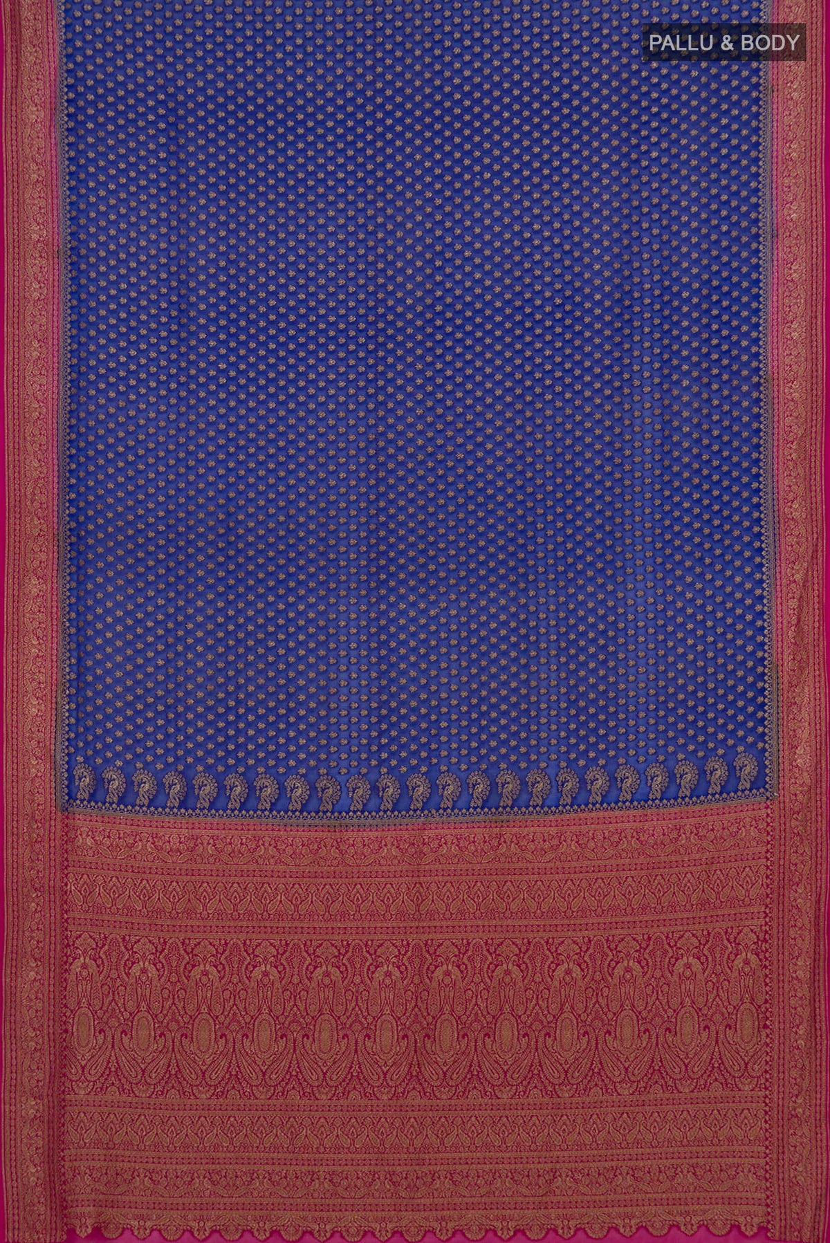 Flat view of Blue Banarasi Georgette Saree with Zari Butta on the body and Zari Border. 