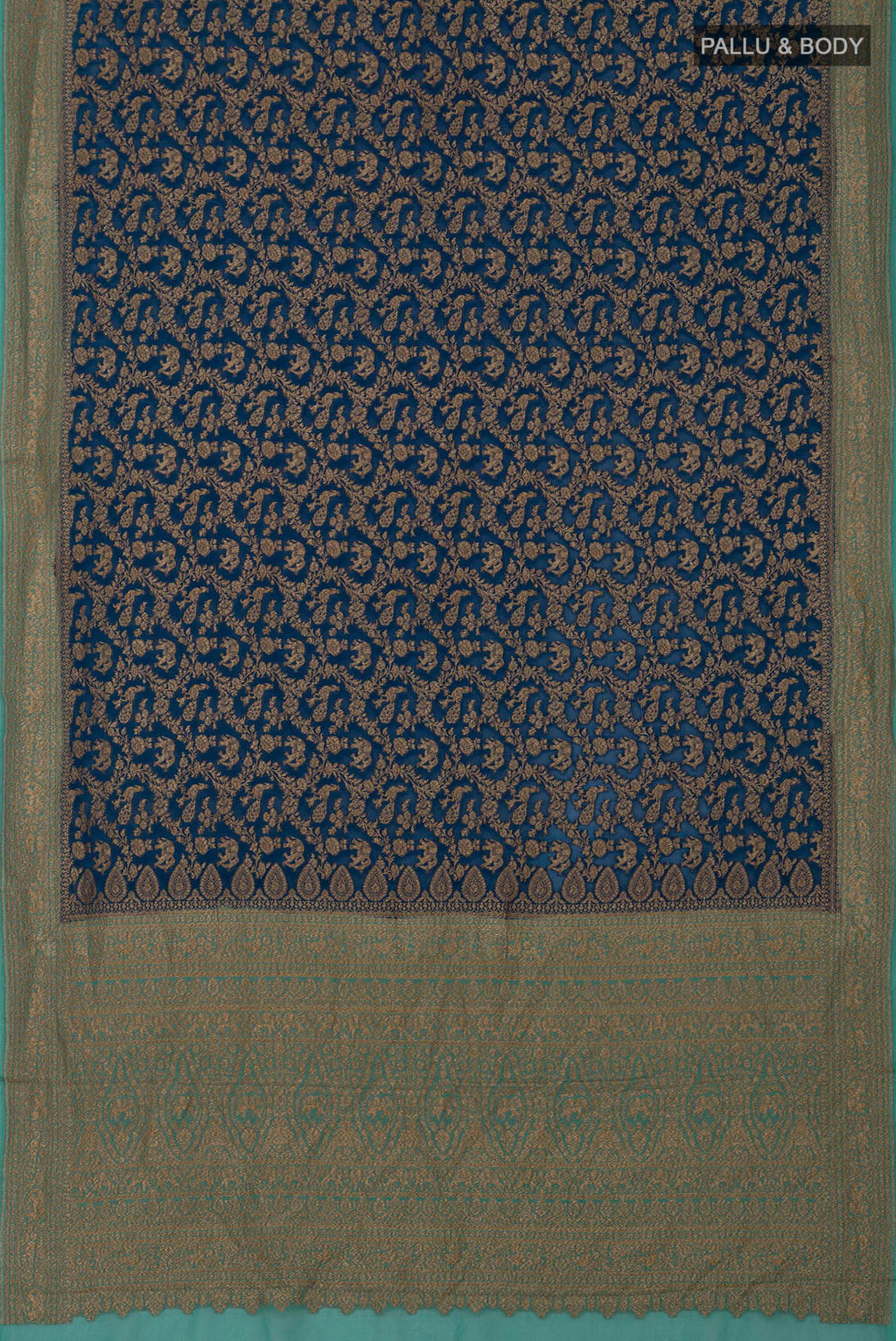 Flat view of Blue Georgette Saree with Fancy on the body and Zari Border. 