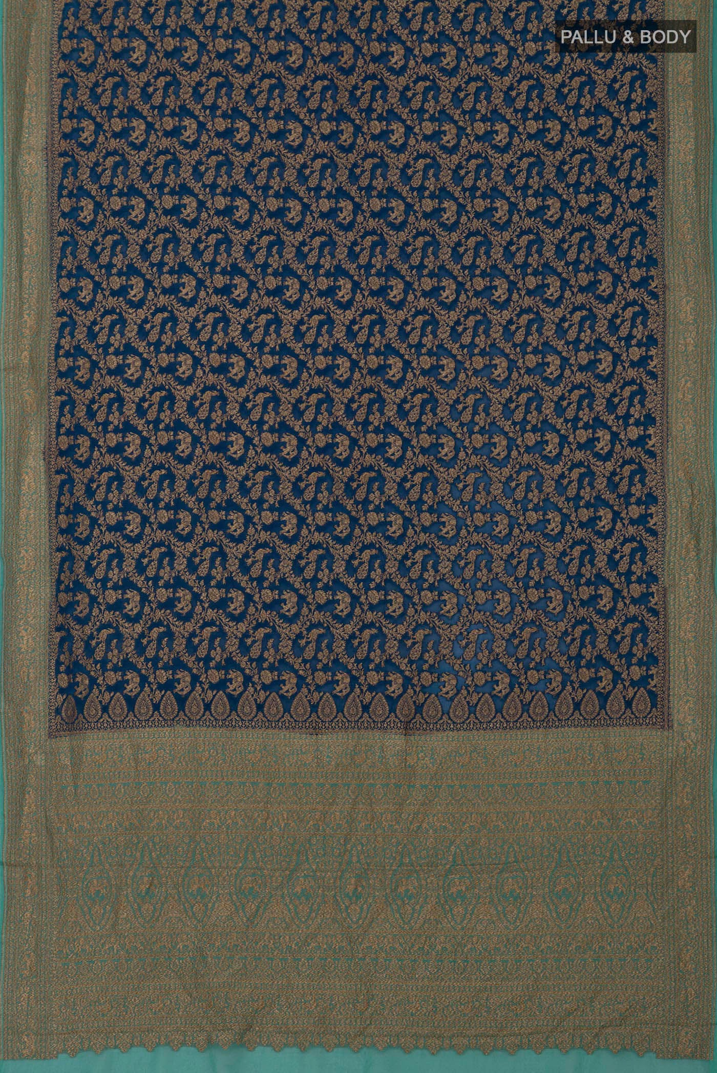Flat view of Blue Georgette Saree with Fancy on the body and Zari Border. 