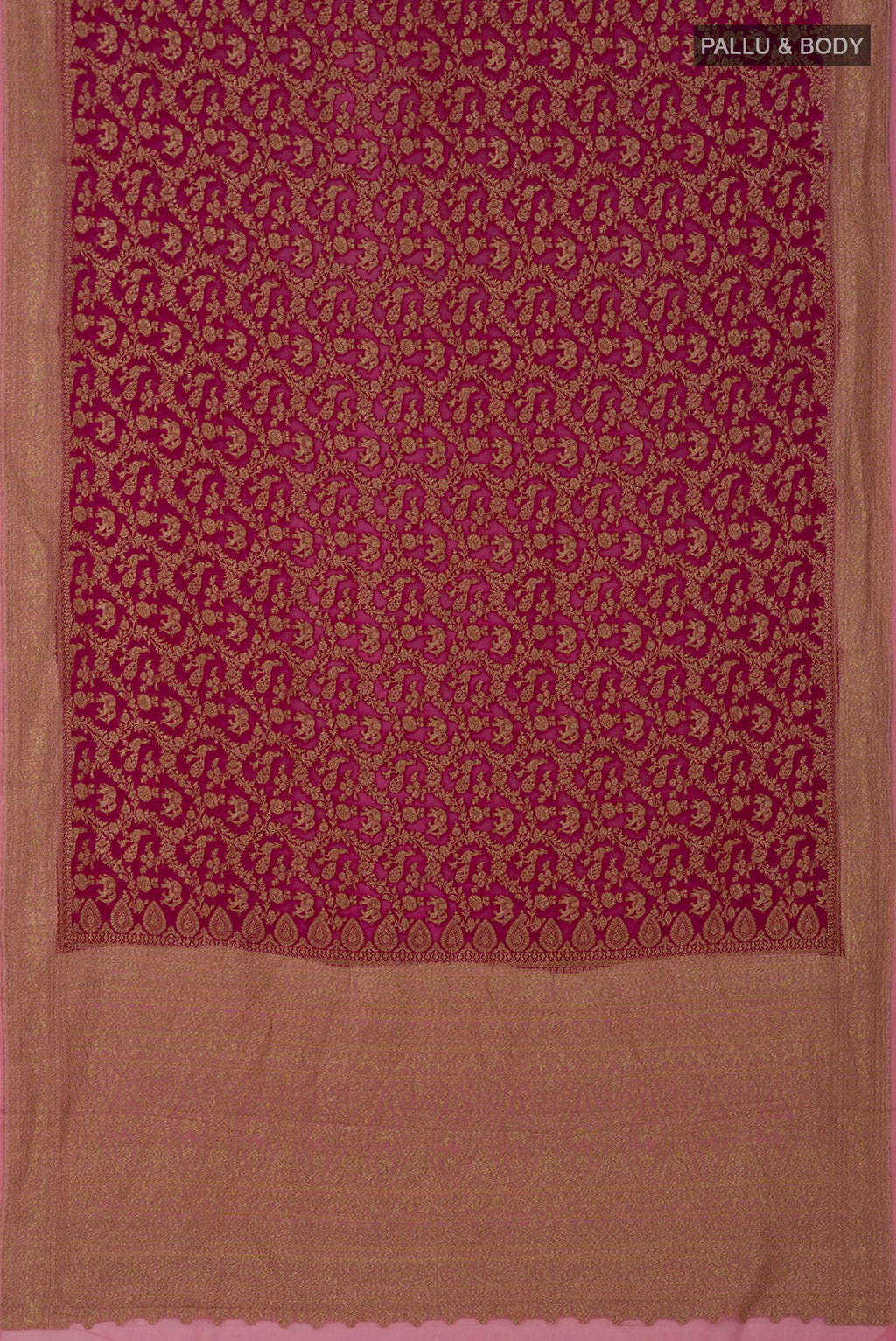 Flat view of Pink Georgette Saree with Fancy on the body and Zari Border. 