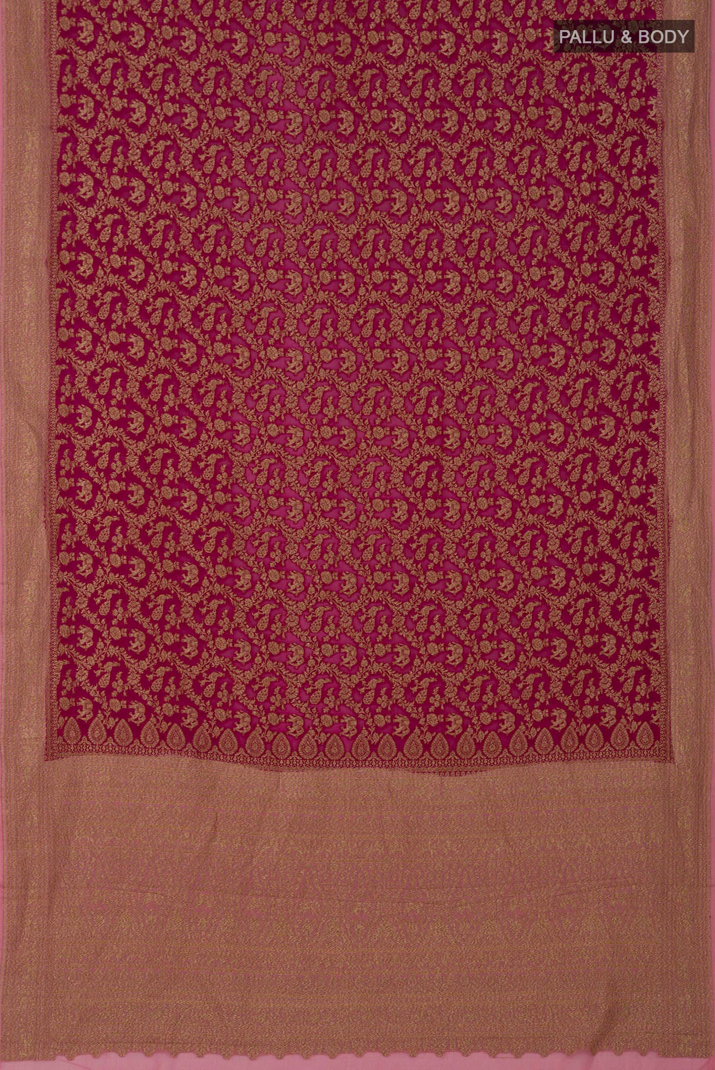 Flat view of Pink Georgette Saree with Fancy on the body and Zari Border. 