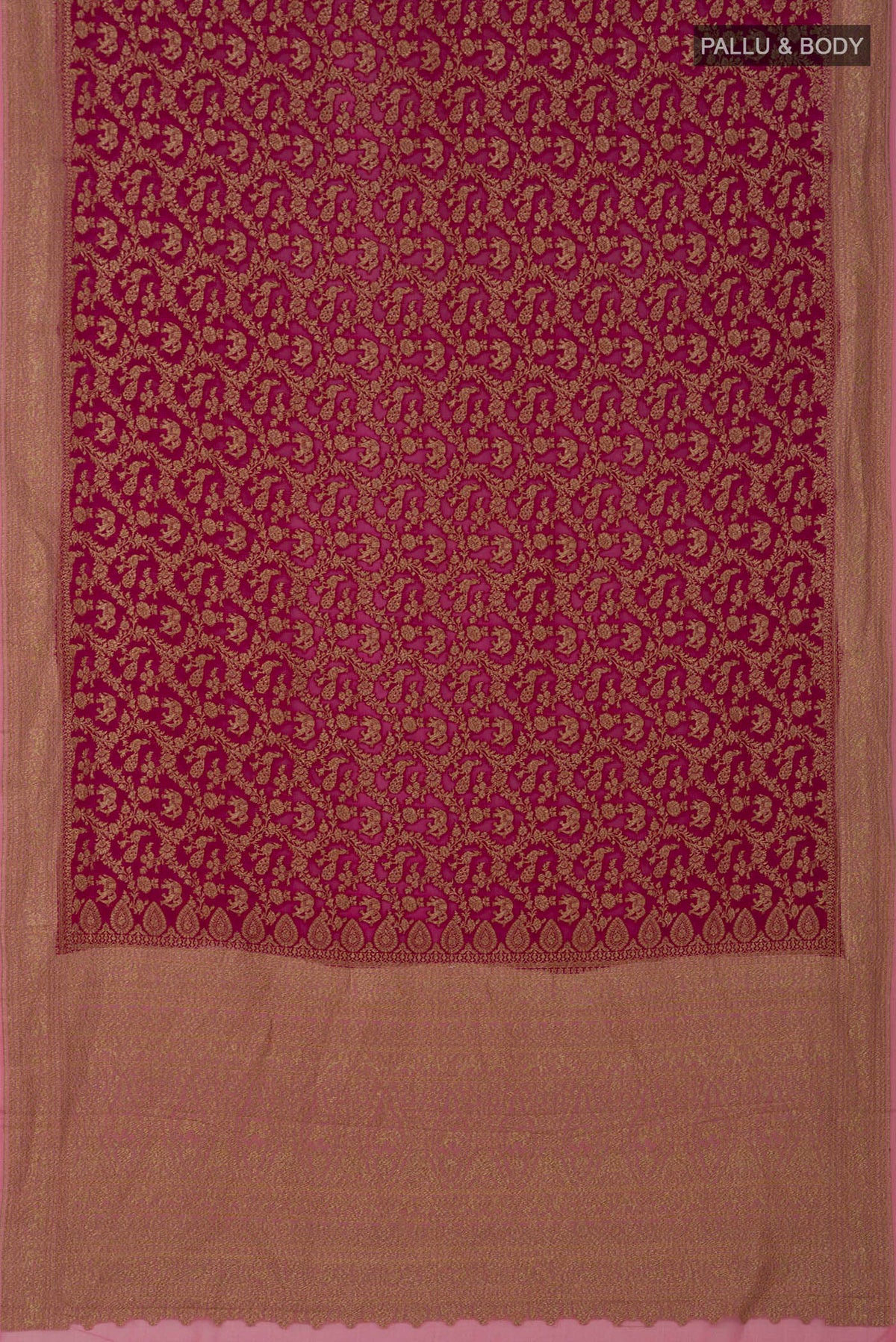 Flat view of Pink Georgette Saree with Fancy on the body and Zari Border. 